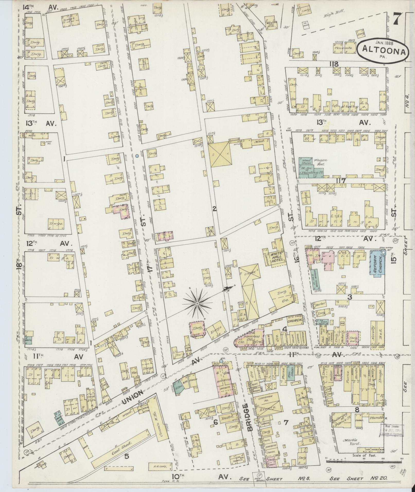 Sanborn Fire Insurance Map from Altoona, Blair County, Pennsylvania (1888), Sheet #0007 - Historic Sanborn Fire Insurance Map Print, vintage old map wall art, antique decor, genealogy gift, Pennsylvania Pennsylvania map