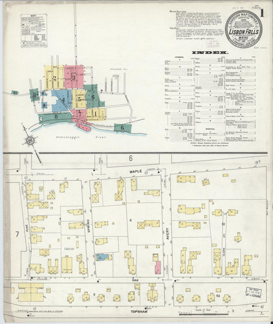 Sanborn Fire Insurance Map from Lisbon Falls, Androscoggin County, Maine (1911), Sheet #0001 - Historic Sanborn Fire Insurance Map Print, vintage old map wall art, antique decor, genealogy gift, Maine Maine map