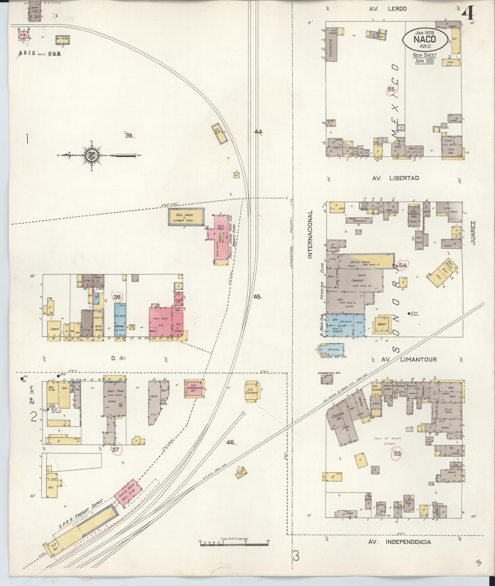 Sanborn Fire Insurance Map from Naco, Cochise County, Arizona (1931), Sheet #0004 - Historic Sanborn Fire Insurance Map Print, vintage old map wall art, antique decor, genealogy gift, Arizona Arizona map