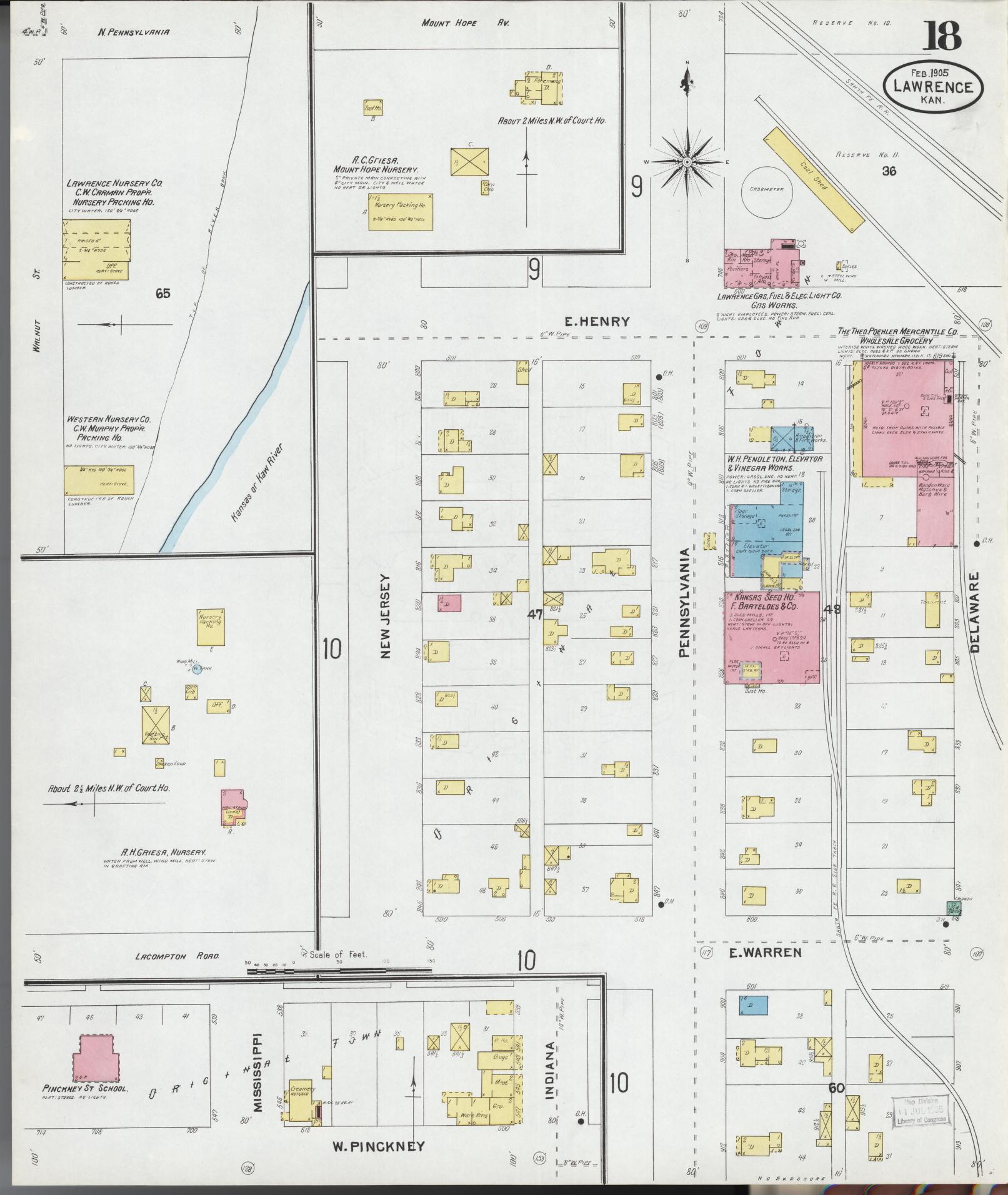 Sanborn Fire Insurance Map from Lawrence, Douglas County, Kansas (1905), Sheet #0018 - Complete Map Set gallery image, historic Sanborn map, vintage wall art, Kansas Kansas