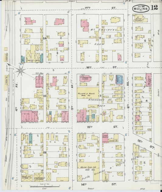 Sanborn Fire Insurance Map from Moline, Rock Island County, Illinois (1892), Sheet #0012 - Historic Sanborn Fire Insurance Map Print, vintage old map wall art, antique decor, genealogy gift, Illinois Illinois map