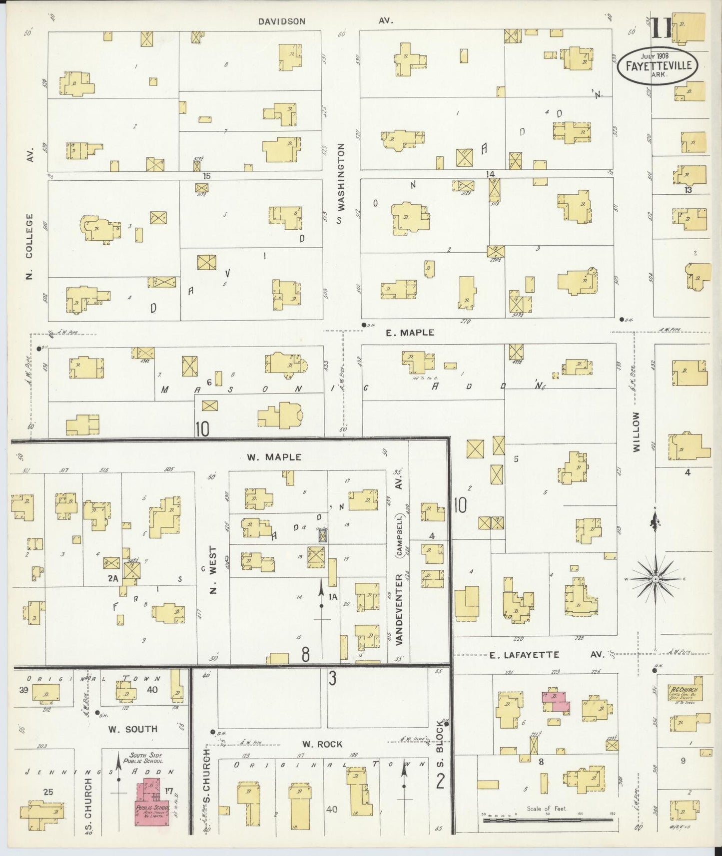 Sanborn Fire Insurance Map from Fayetteville, Washington County, Arkansas (1908), Sheet #0011 - Complete Map Set gallery image, historic Sanborn map, vintage wall art, Arkansas Arkansas