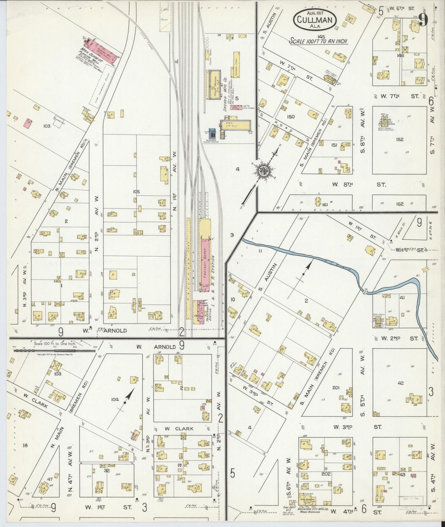 Sanborn Fire Insurance Map from Cullman, Cullman County, Alabama (1917), Sheet #0009 - Complete Map Set gallery image, historic Sanborn map, vintage wall art, Alabama Alabama
