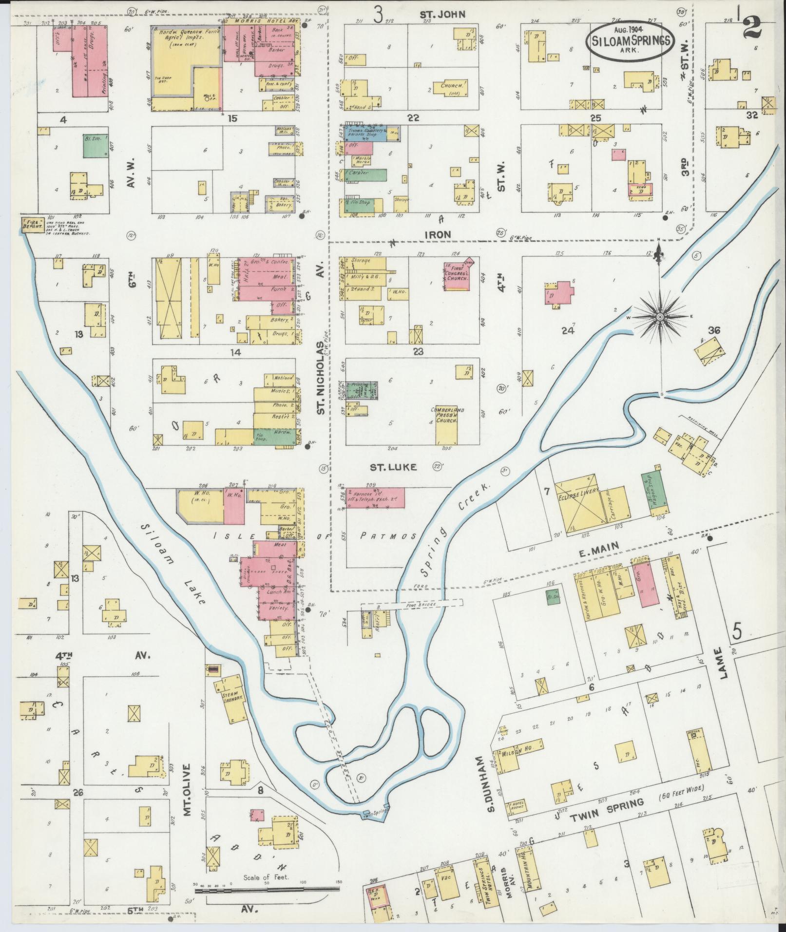 Sanborn Fire Insurance Map from Siloam Springs, Benton County, Arkansas (1904), Sheet #0002 - Historic Sanborn Fire Insurance Map Print, vintage old map wall art, antique decor, genealogy gift, Arkansas Arkansas map