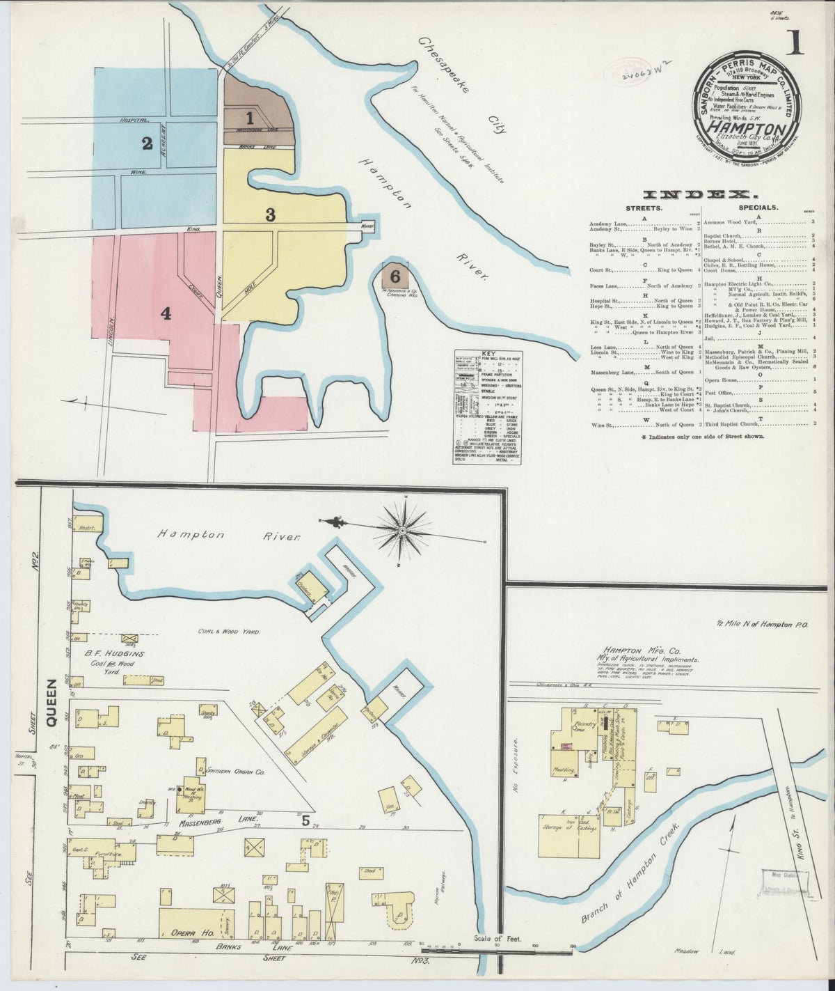 Sanborn Fire Insurance Map from Hampton, Independent Cities, Virginia (1891), Sheet #0001 - Historic Sanborn Fire Insurance Map Print, vintage old map wall art, antique decor, genealogy gift, Virginia Virginia map