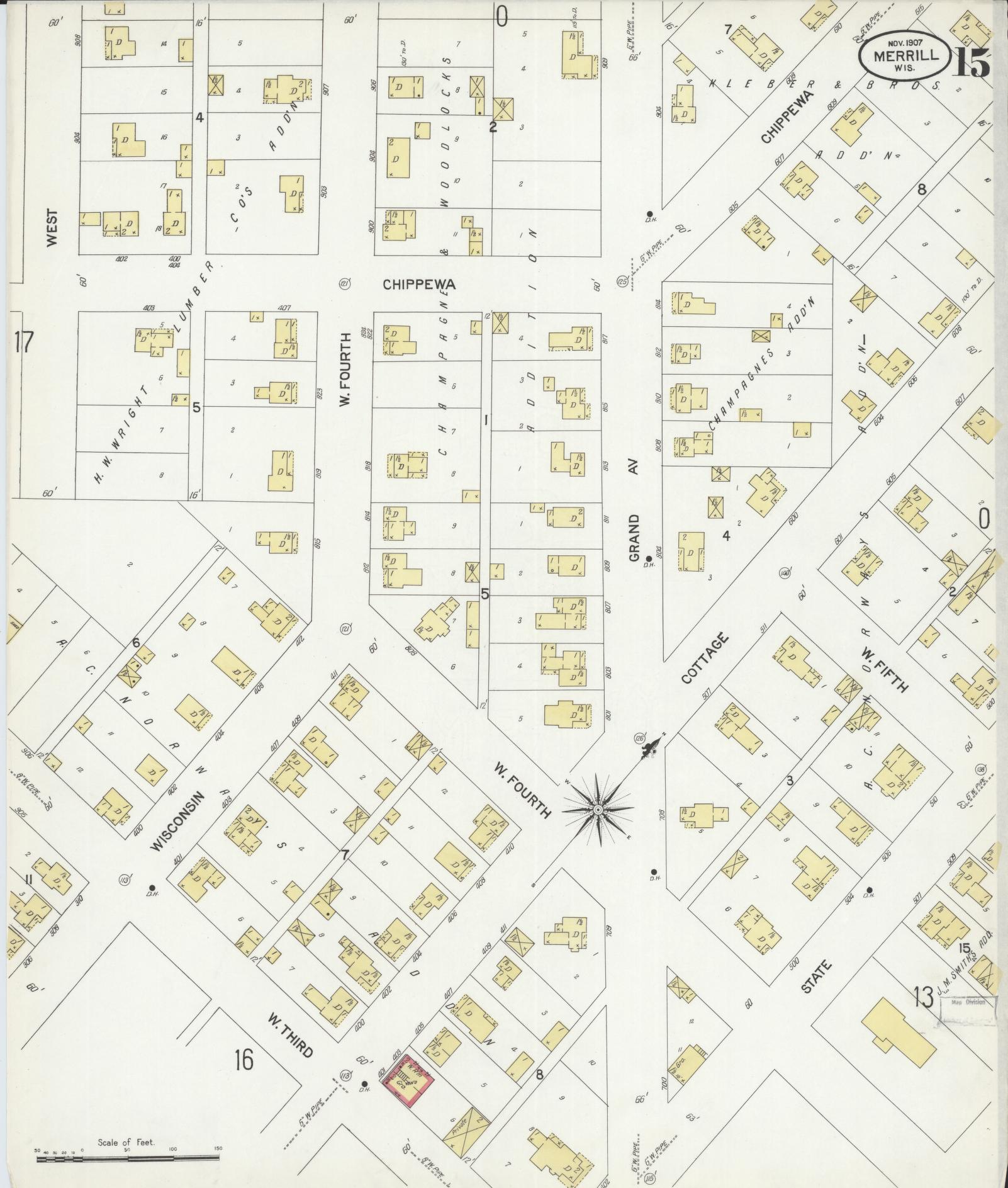Sanborn Fire Insurance Map from Merrill, Lincoln County, Wisconsin (1907), Sheet #0015 - Historic Sanborn Fire Insurance Map Print, vintage old map wall art, antique decor, genealogy gift, Wisconsin Wisconsin map