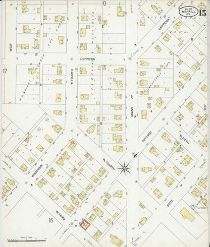 Sanborn Fire Insurance Map from Merrill, Lincoln County, Wisconsin (1907), Sheet #0015 - Historic Sanborn Fire Insurance Map Print, vintage old map wall art, antique decor, genealogy gift, Wisconsin Wisconsin map