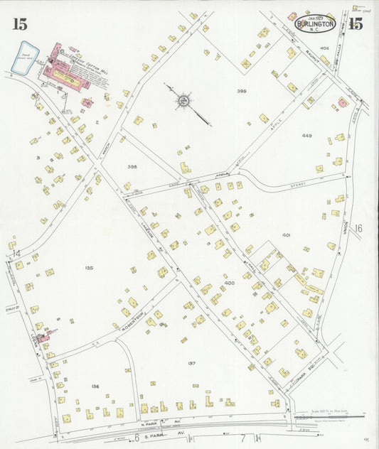 Sanborn Fire Insurance Map from Burlington, Alamance County, North Carolina (1929), Sheet #0015 - Historic Sanborn Fire Insurance Map Print, vintage old map wall art, antique decor, genealogy gift, North Carolina North Carolina map