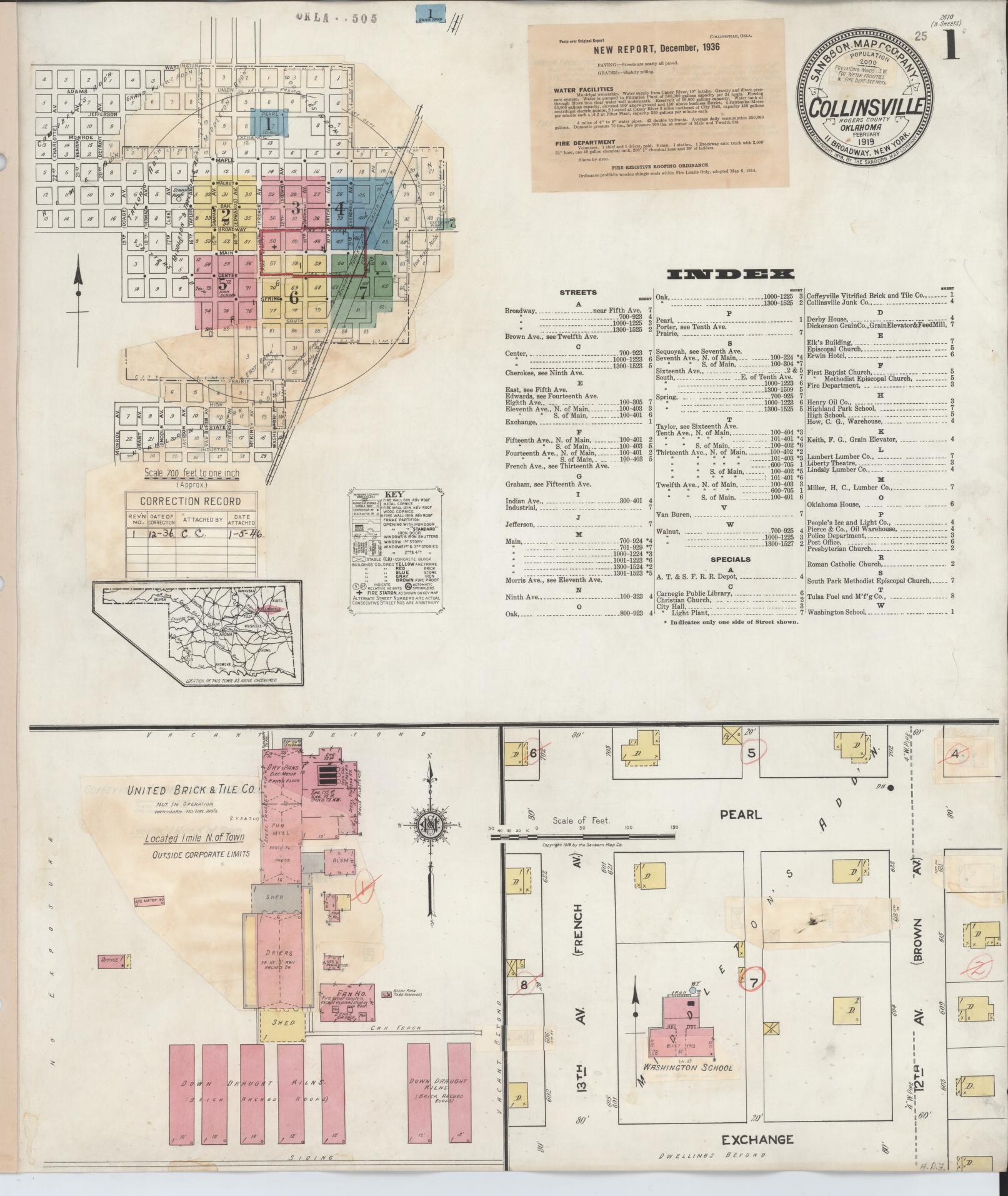 Sanborn Fire Insurance Map from Collinsville, Tulsa County, Oklahoma (1936), Sheet #0001 - Historic Sanborn Fire Insurance Map Print, vintage old map wall art, antique decor, genealogy gift, Oklahoma Oklahoma map