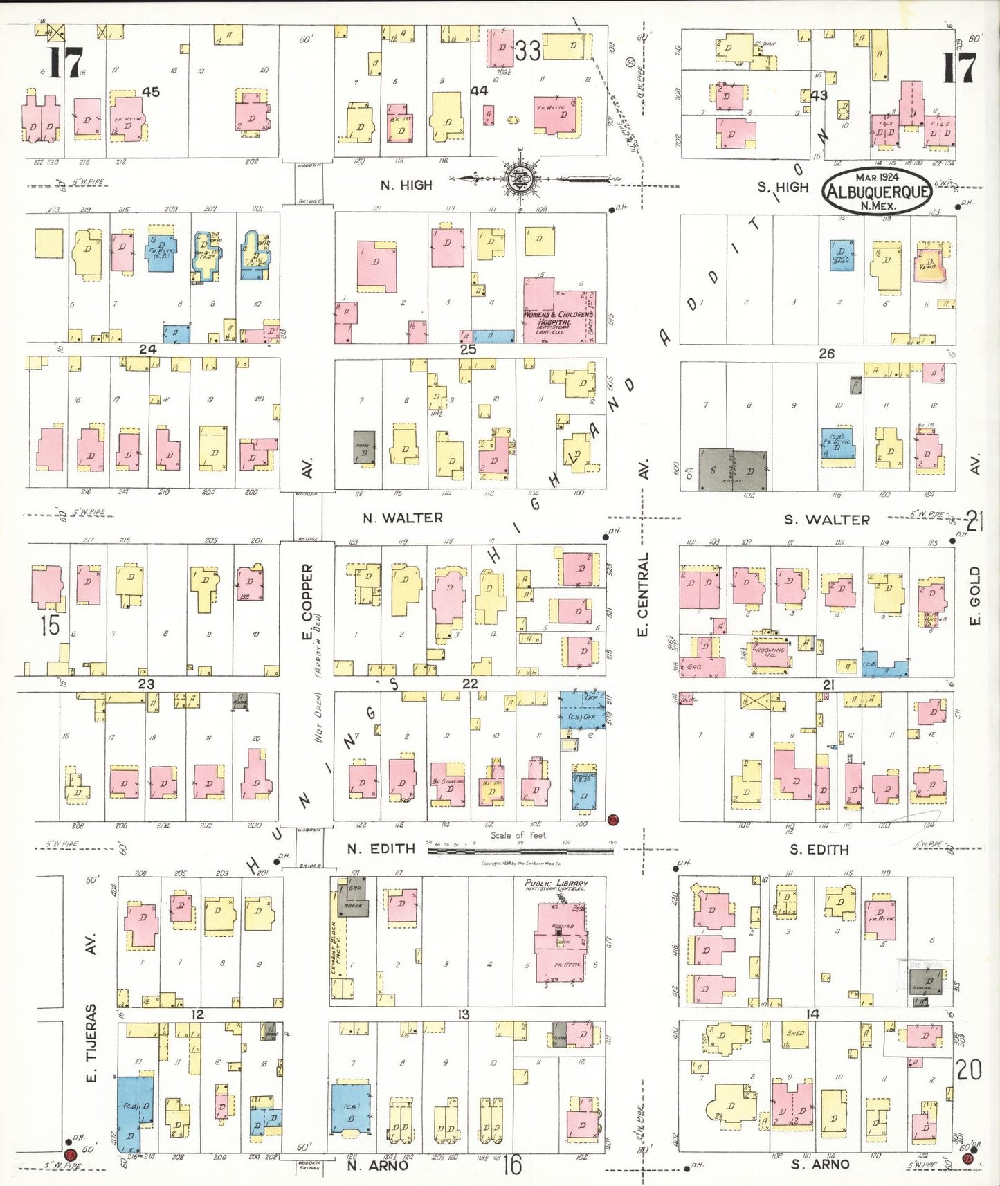 Sanborn Fire Insurance Map from Albuquerque, Bernalillo County, New Mexico (1924), Sheet #0017 - Historic Sanborn Fire Insurance Map Print, vintage old map wall art, antique decor, genealogy gift, New Mexico New Mexico map
