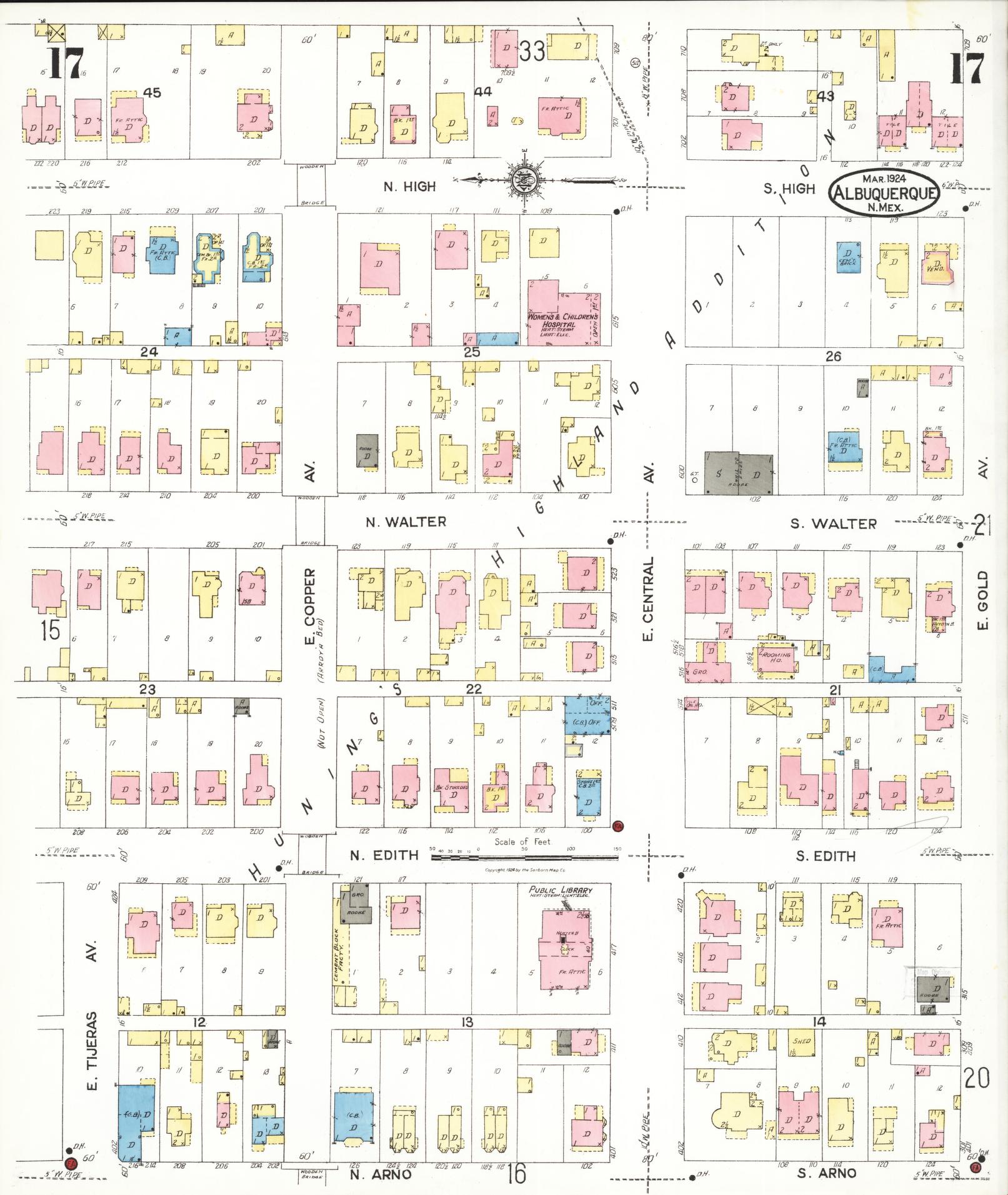 Sanborn Fire Insurance Map from Albuquerque, Bernalillo County, New Mexico (1924), Sheet #0017 - Historic Sanborn Fire Insurance Map Print, vintage old map wall art, antique decor, genealogy gift, New Mexico New Mexico map