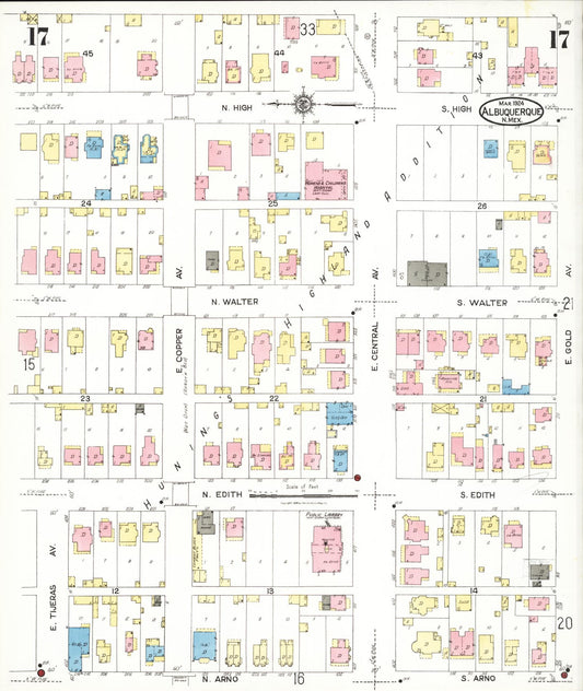 Sanborn Fire Insurance Map from Albuquerque, Bernalillo County, New Mexico (1924), Sheet #0017 - Historic Sanborn Fire Insurance Map Print, vintage old map wall art, antique decor, genealogy gift, New Mexico New Mexico map