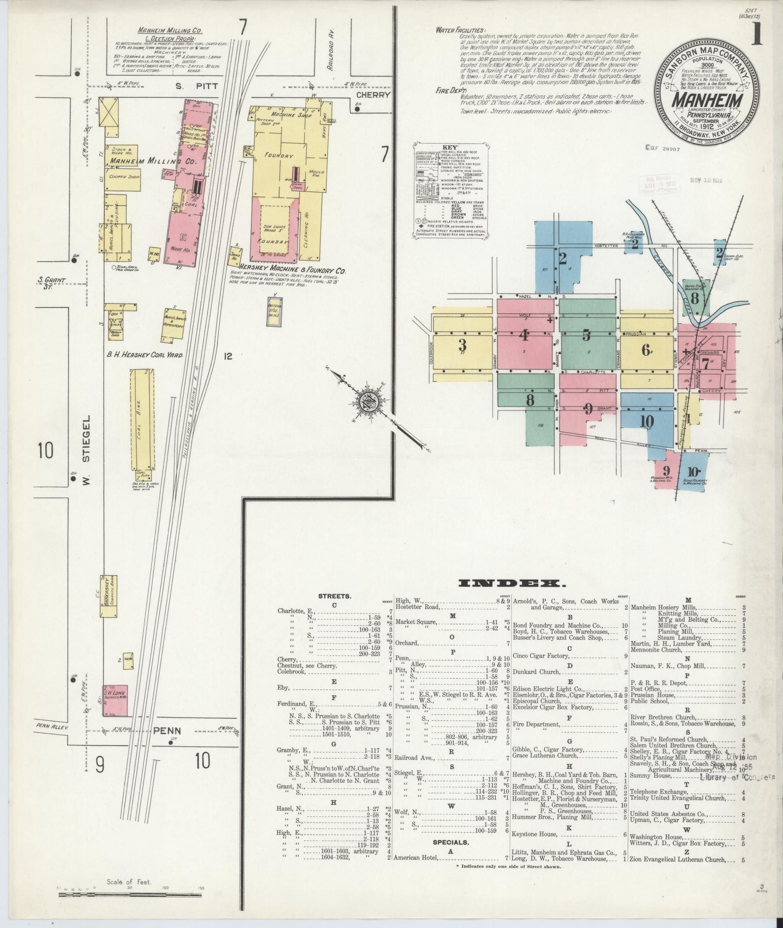 Sanborn Fire Insurance Map from Manheim, Lancaster County, Pennsylvania (1912), Sheet #0001 - Historic Sanborn Fire Insurance Map Print, vintage old map wall art, antique decor, genealogy gift, Pennsylvania Pennsylvania map