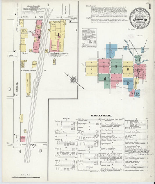 Sanborn Fire Insurance Map from Manheim, Lancaster County, Pennsylvania (1912), Sheet #0001 - Historic Sanborn Fire Insurance Map Print, vintage old map wall art, antique decor, genealogy gift, Pennsylvania Pennsylvania map