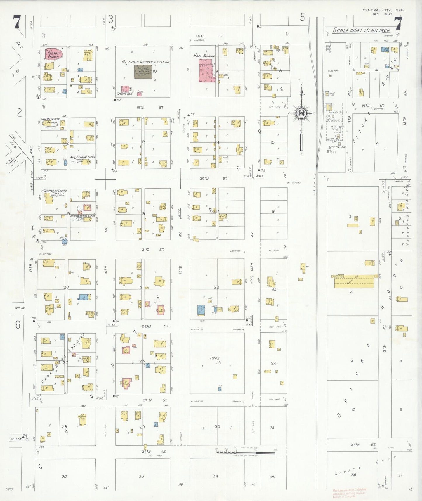 Sanborn Fire Insurance Map from Central City, Merrick County, Nebraska (1933), Sheet #0007 - Historic Sanborn Fire Insurance Map Print, vintage old map wall art, antique decor, genealogy gift, Nebraska Nebraska map