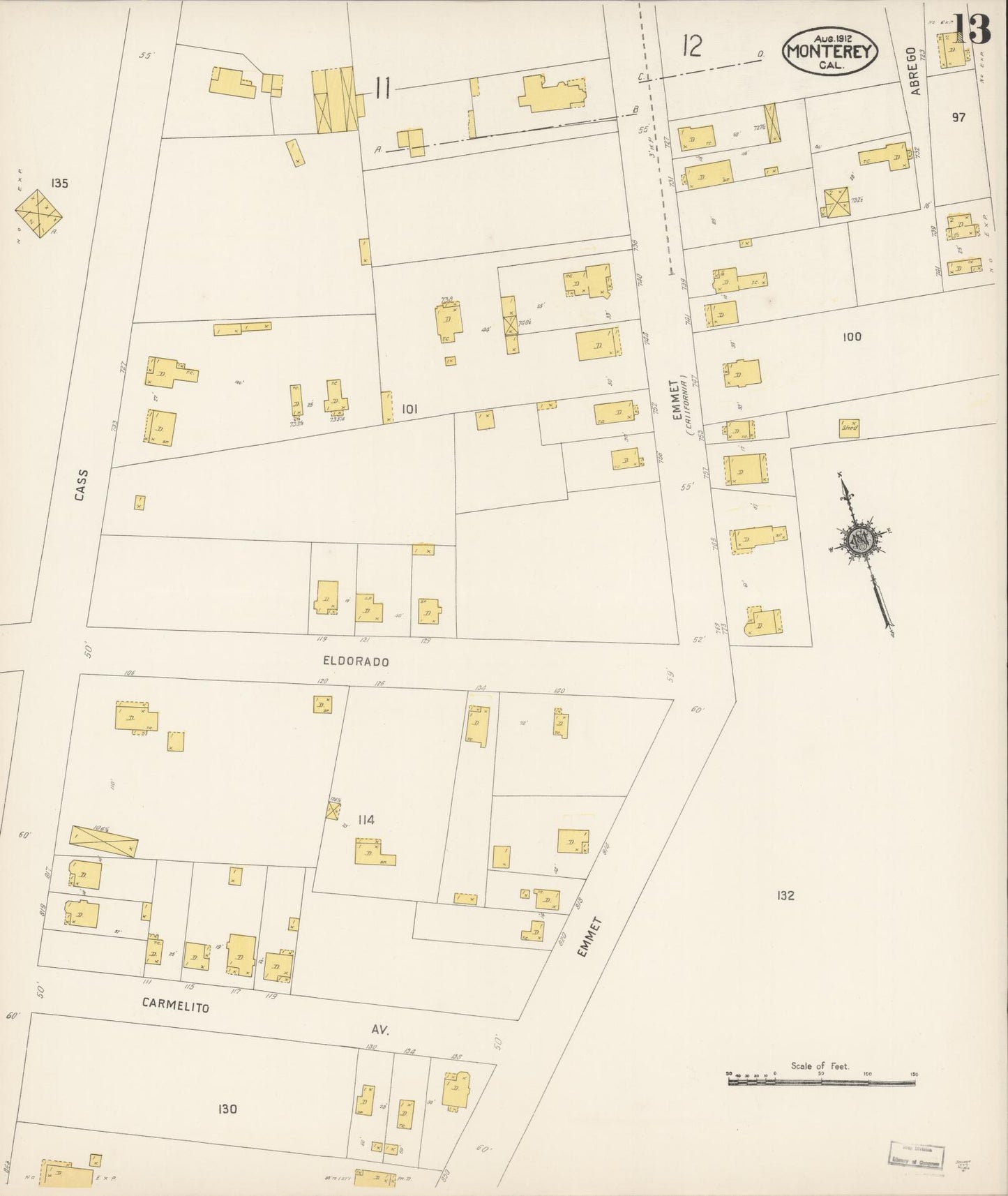 Sanborn Fire Insurance Map from Monterey, Monterey County, California (1912), Sheet #0013 - Historic Sanborn Fire Insurance Map Print, vintage old map wall art, antique decor, genealogy gift, California California map