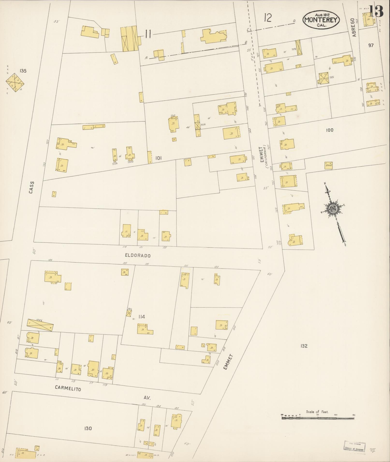 Sanborn Fire Insurance Map from Monterey, Monterey County, California (1912), Sheet #0013 - Historic Sanborn Fire Insurance Map Print, vintage old map wall art, antique decor, genealogy gift, California California map