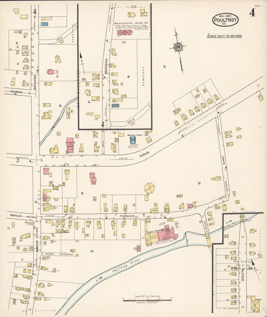 Sanborn Fire Insurance Map from Poultney, Rutland County, Vermont (1922), Sheet #0004 - Historic Sanborn Fire Insurance Map Print, vintage old map wall art, antique decor, genealogy gift, Vermont Vermont map