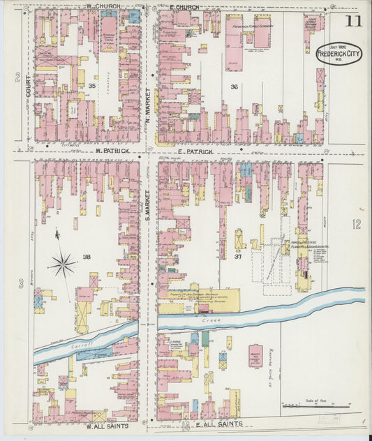 Frederick, Maryland - 1892 - Sanborn Fire Insurance Map, Sheet #0011 - Historic Sanborn Fire Insurance Map Print, Frederick Maryland 1892 0011 vintage old map wall art
