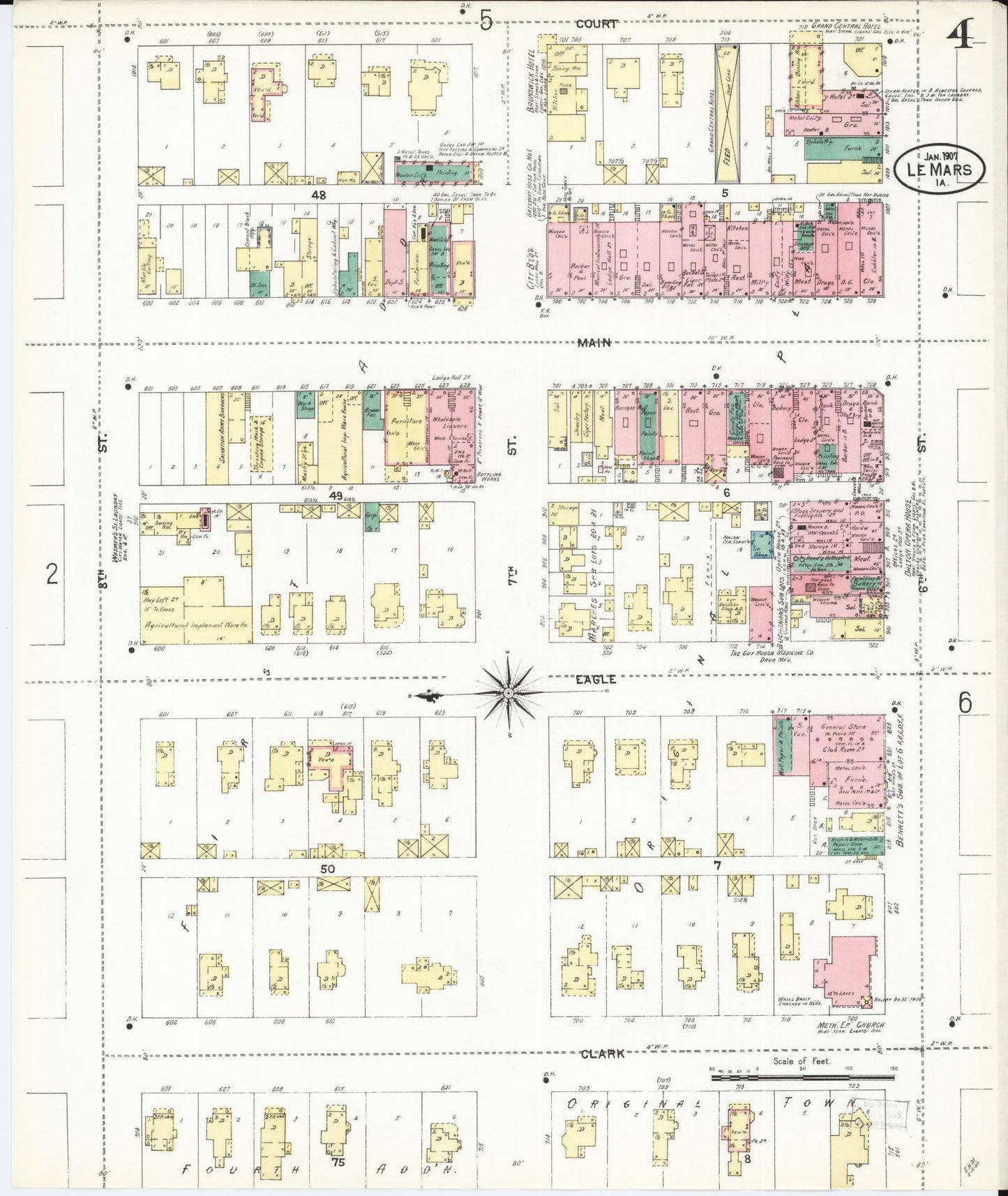 Sanborn Fire Insurance Map from Le Mars, Plymouth County, Iowa (1907), Sheet #0004 - Historic Sanborn Fire Insurance Map Print, vintage old map wall art