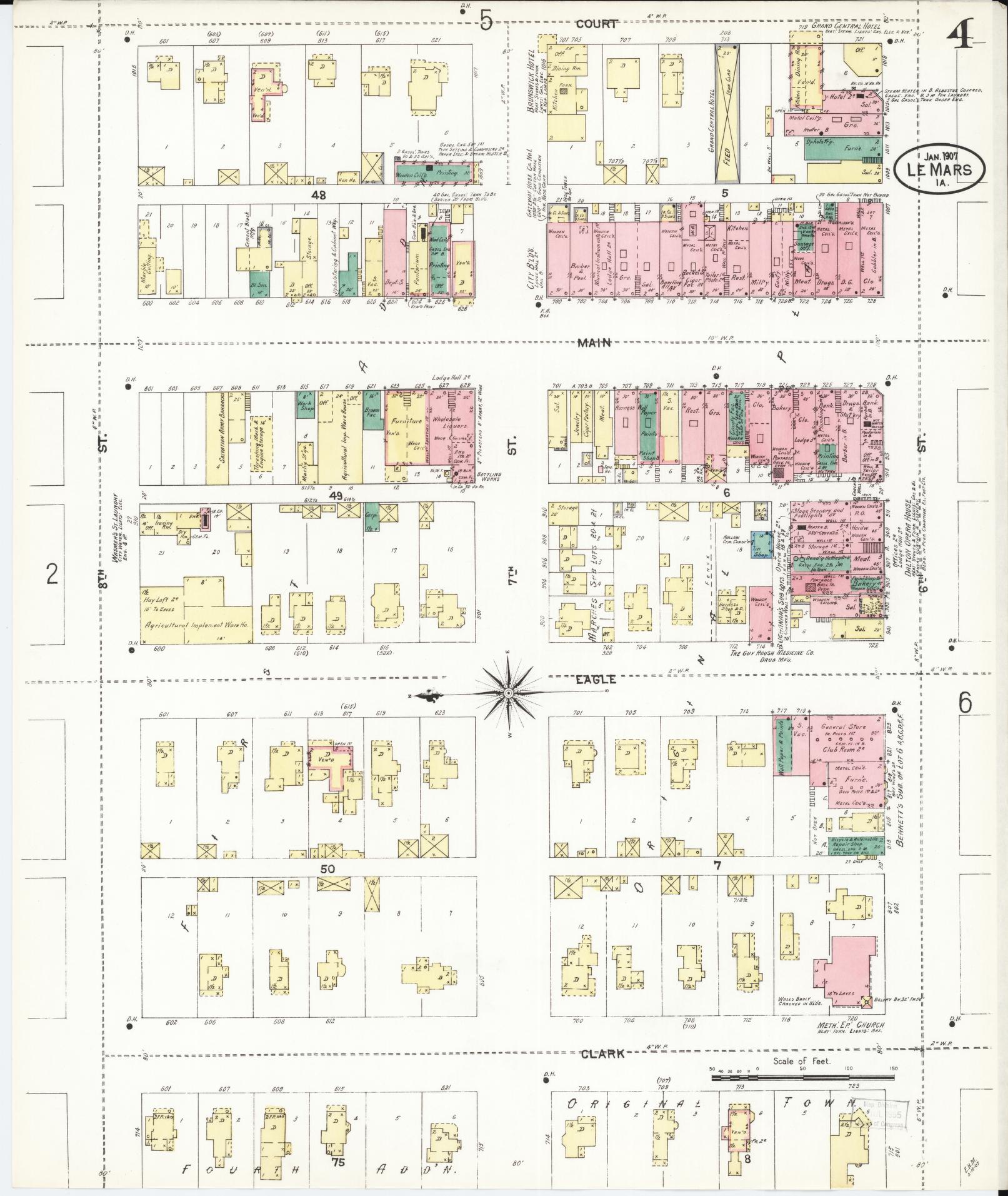 Sanborn Fire Insurance Map from Le Mars, Plymouth County, Iowa (1907), Sheet #0004 - Historic Sanborn Fire Insurance Map Print, vintage old map wall art
