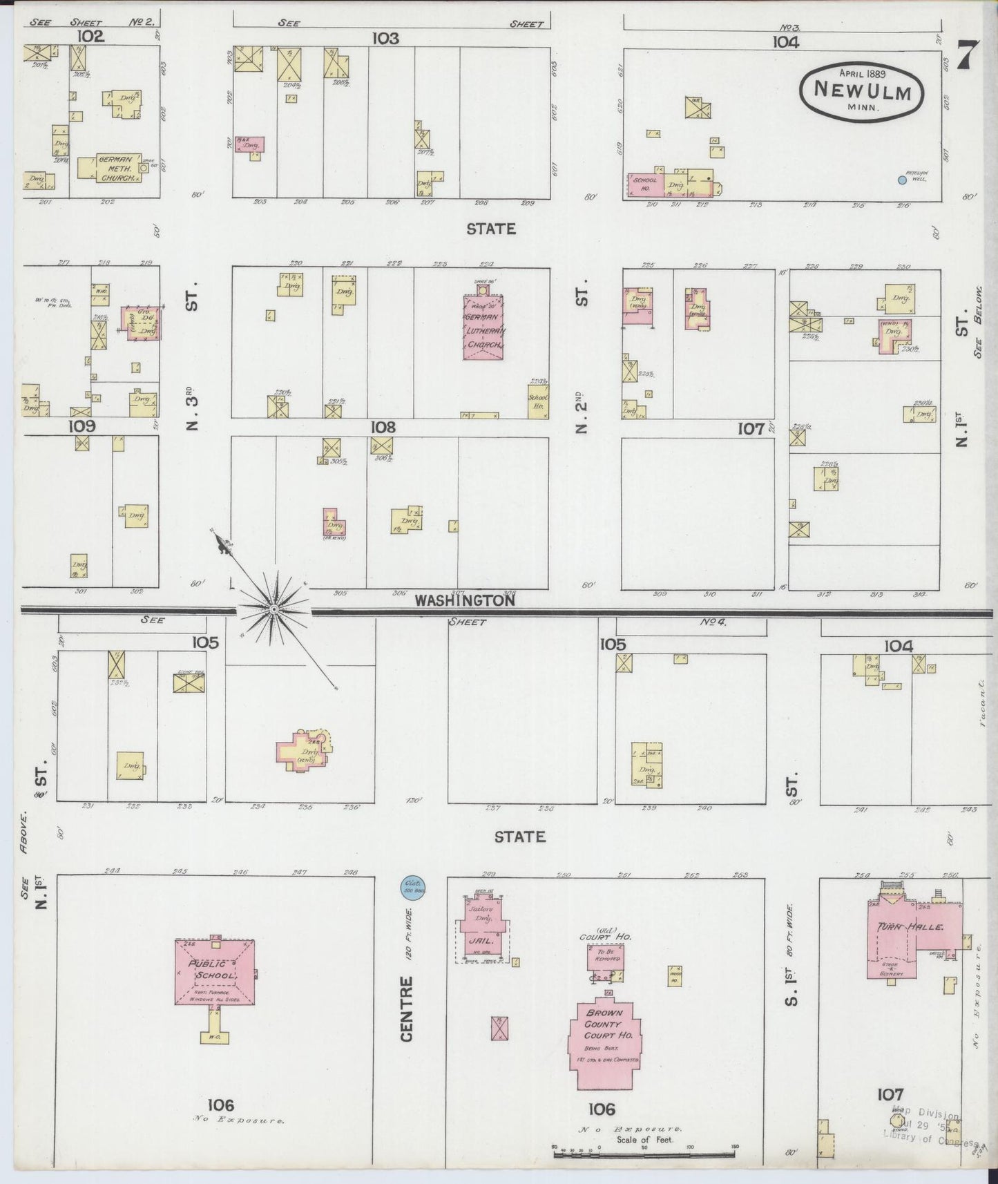 Sanborn Fire Insurance Map from New Ulm, Brown County, Minnesota (1889), Sheet #0007 - Historic Sanborn Fire Insurance Map Print, vintage old map wall art, antique decor, genealogy gift, Minnesota Minnesota map