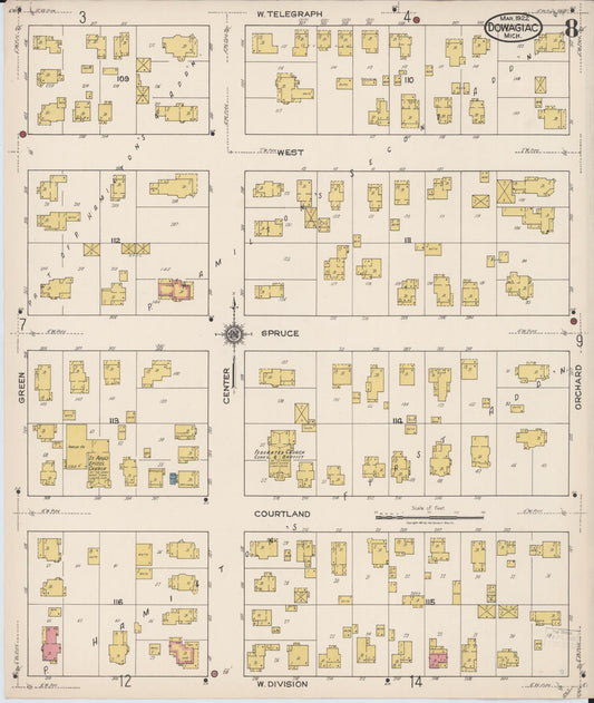 Sanborn Fire Insurance Map from Dowagiac, Cass County, Michigan (1922), Sheet #0008 - Historic Sanborn Fire Insurance Map Print, vintage old map wall art, antique decor, genealogy gift, Michigan Michigan map