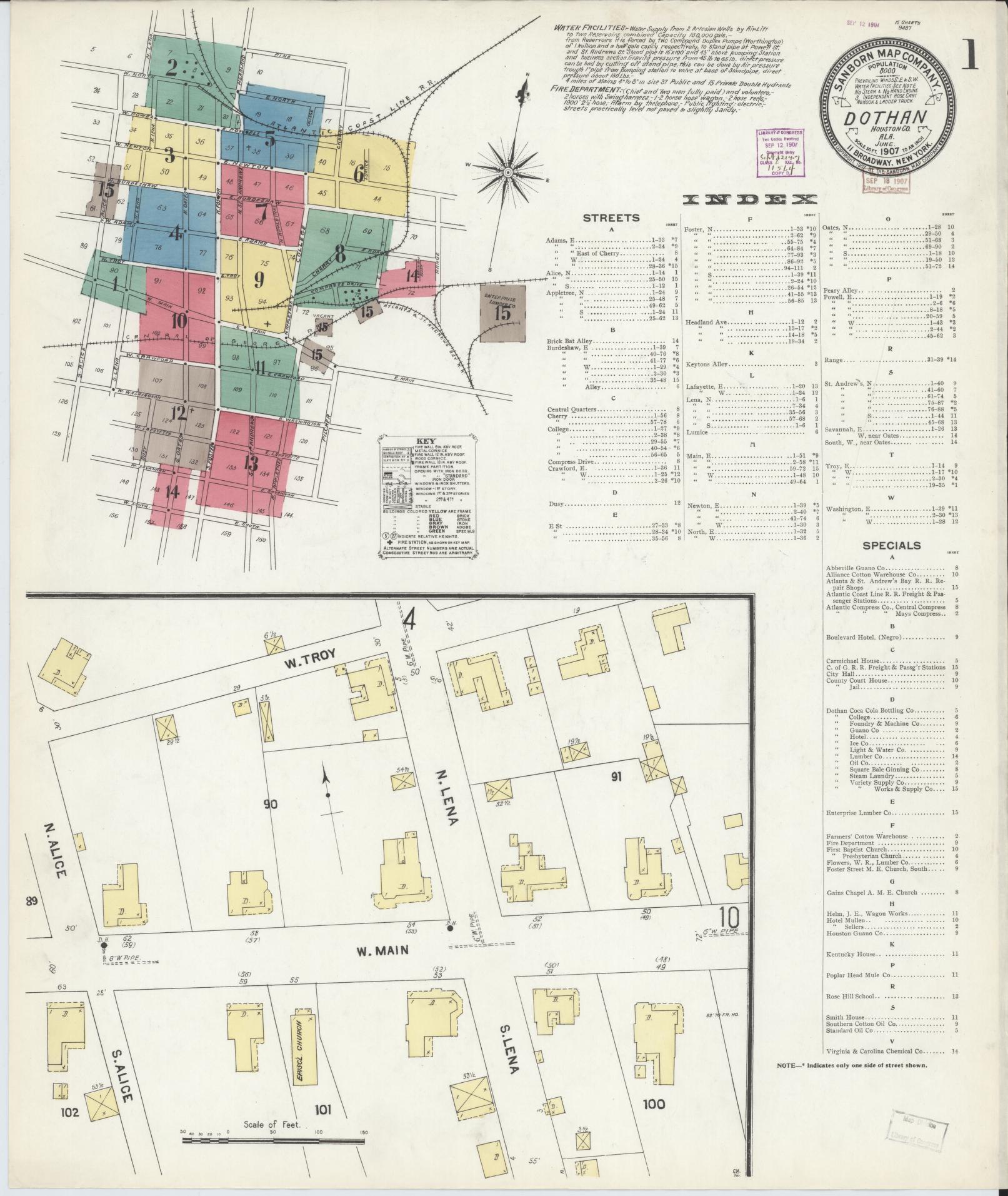 Sanborn Fire Insurance Map from Dothan, Houston County, Alabama (1907), Sheet #0001 - Historic Sanborn Fire Insurance Map Print, vintage old map wall art, antique decor, genealogy gift, Alabama Alabama map