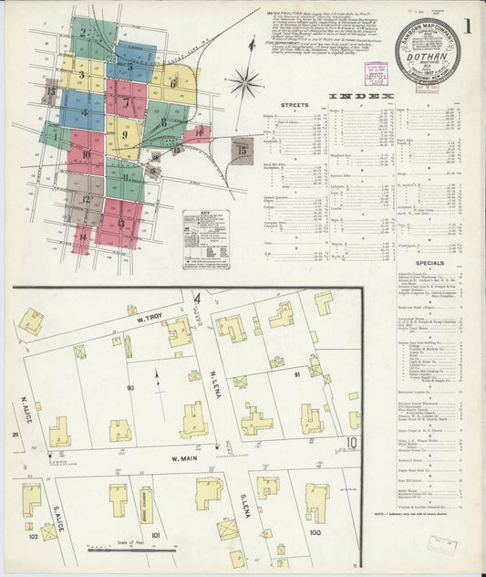 Sanborn Fire Insurance Map from Dothan, Houston County, Alabama (1907), Sheet #0001 - Historic Sanborn Fire Insurance Map Print, vintage old map wall art, antique decor, genealogy gift, Alabama Alabama map