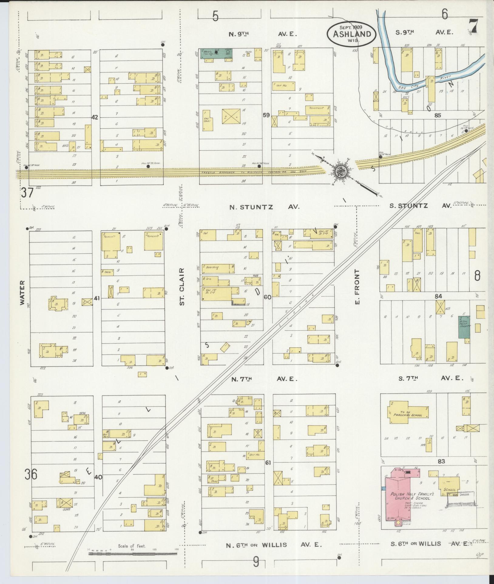 Sanborn Fire Insurance Map from Ashland, Ashland County, Wisconsin (1909), Sheet #0007 - Historic Sanborn Fire Insurance Map Print, vintage old map wall art, antique decor, genealogy gift, Wisconsin Wisconsin map