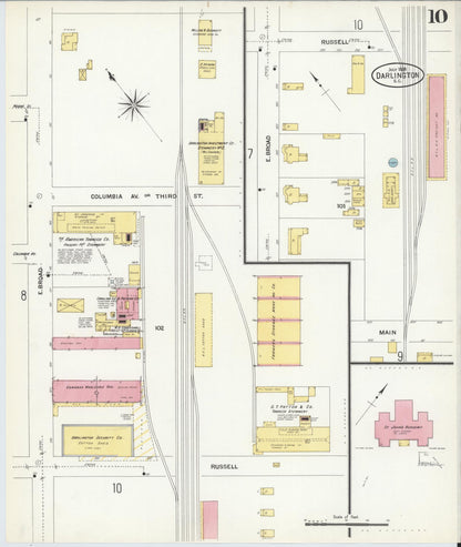 Sanborn Fire Insurance Map from Darlington, Darlington County, South Carolina (1908), Sheet #0010 - Complete Map Set gallery image, historic Sanborn map, vintage wall art, South Carolina South Carolina