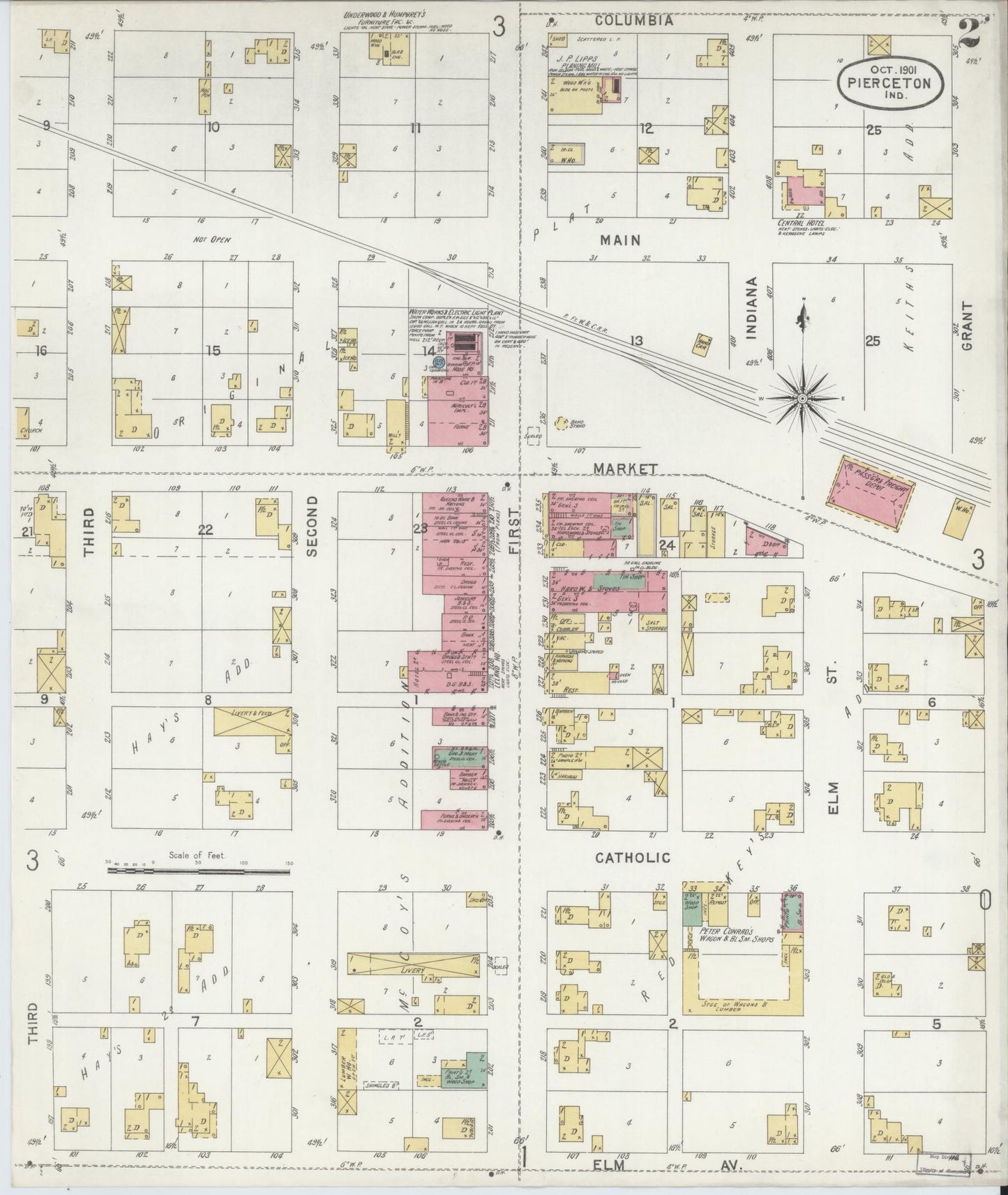 Sanborn Fire Insurance Map from Pierceton, Kosciusko County, Indiana (1901), Sheet #0002 - Historic Sanborn Fire Insurance Map Print, vintage old map wall art, antique decor, genealogy gift, Indiana Indiana map