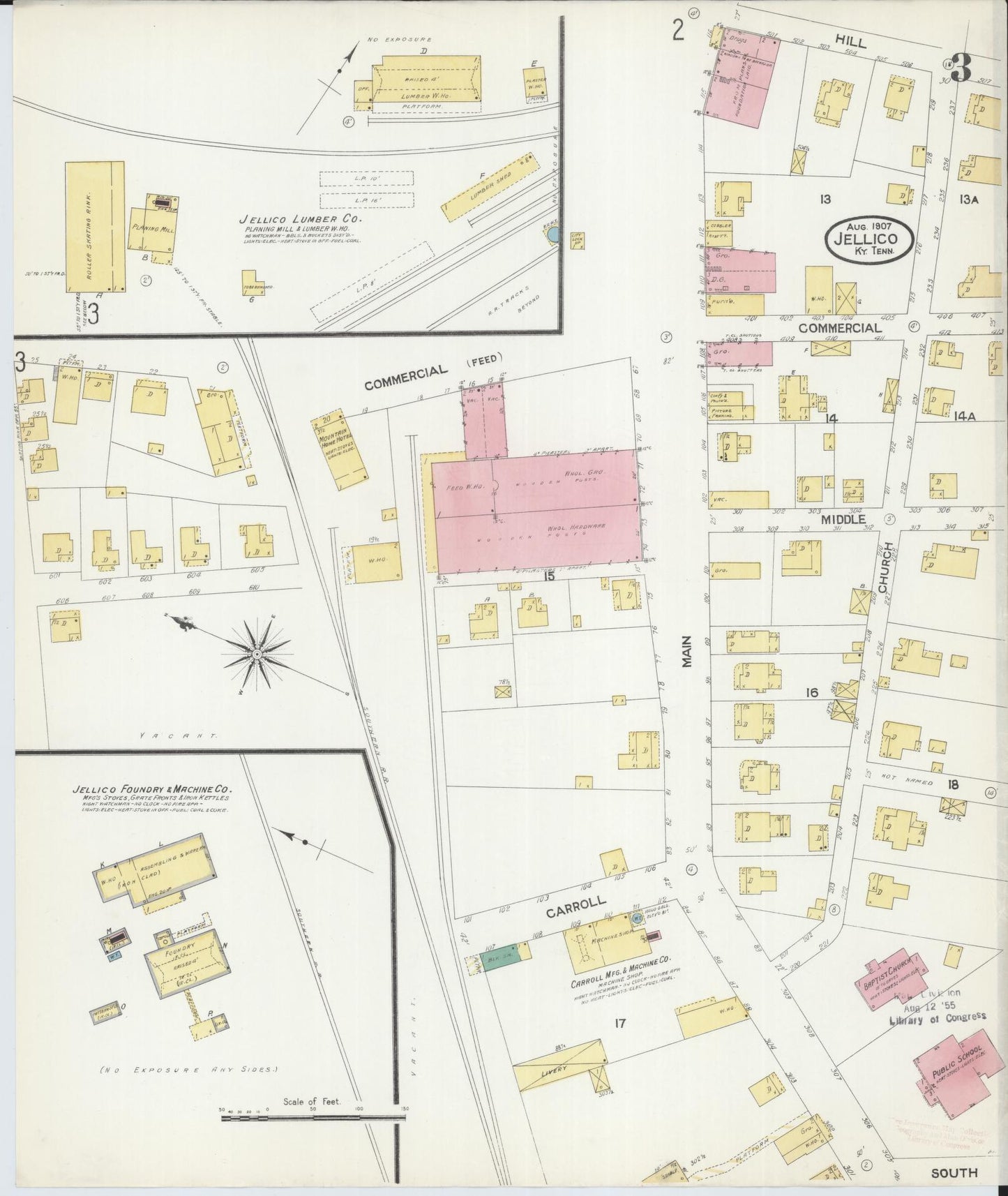 Sanborn Fire Insurance Map from Jellico, Whitley County, Ky., and Campbell County, Tenna, Kentucky (1907), Sheet #0003 - Historic Sanborn Fire Insurance Map Print, vintage old map wall art, antique decor, genealogy gift, Kentucky Kentucky map