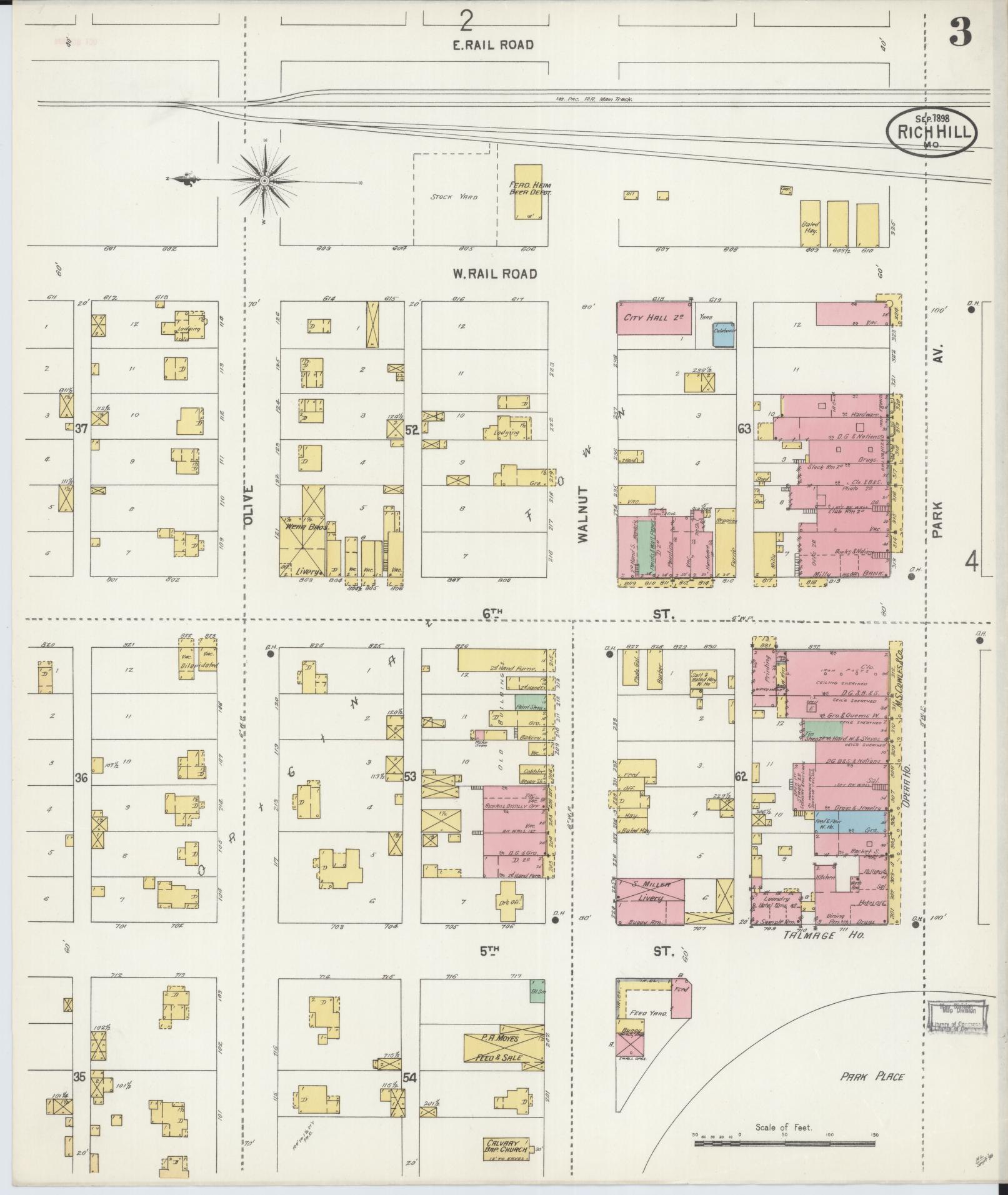 Sanborn Fire Insurance Map from Rich Hill, Bates County, Missouri (1898), Sheet #0003 - Historic Sanborn Fire Insurance Map Print, vintage old map wall art, antique decor, genealogy gift, Missouri Missouri map