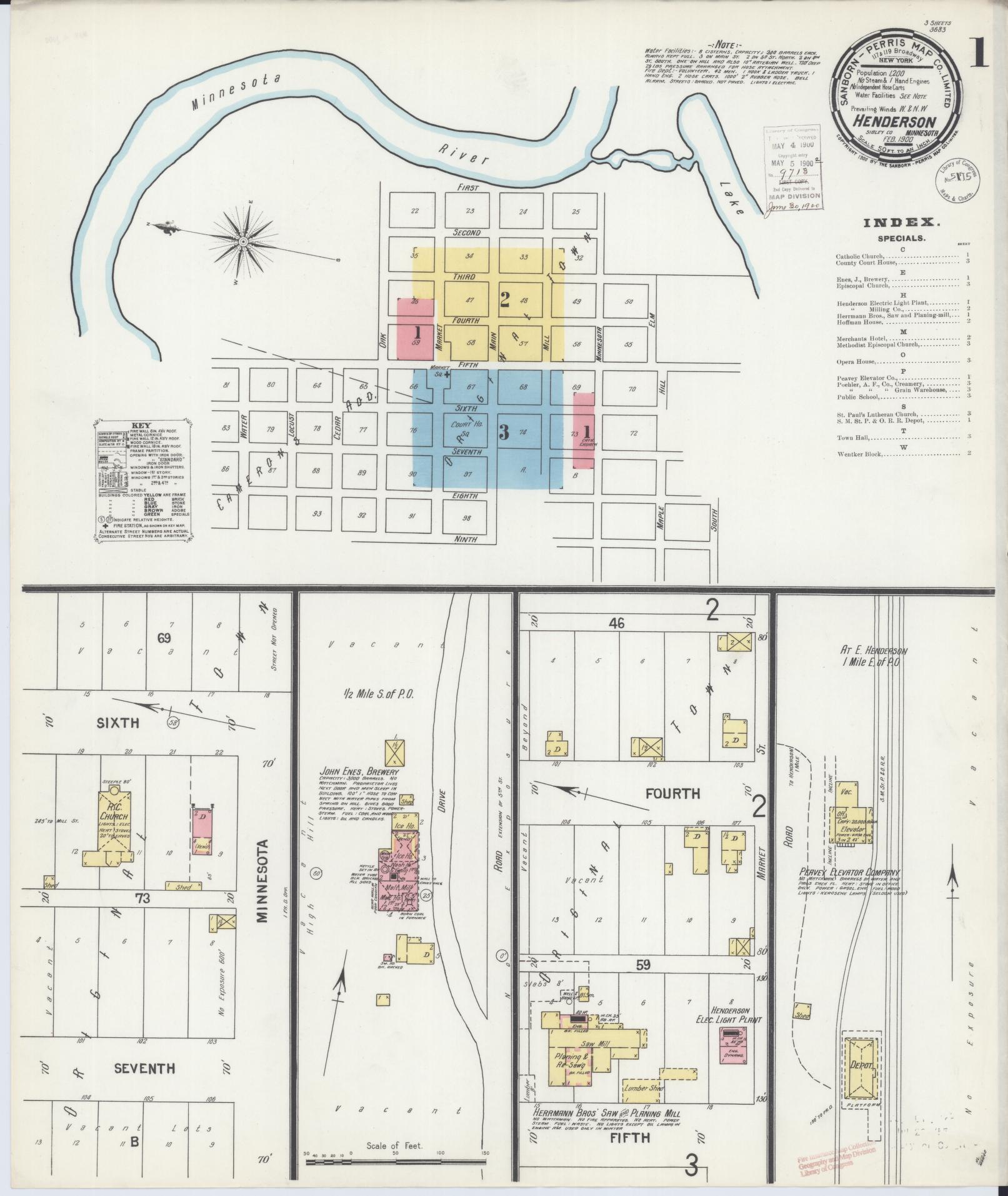 Sanborn Fire Insurance Map from Henderson, Sibley County, Minnesota (1900), Sheet #0001 - Historic Sanborn Fire Insurance Map Print, vintage old map wall art, antique decor, genealogy gift, Minnesota Minnesota map