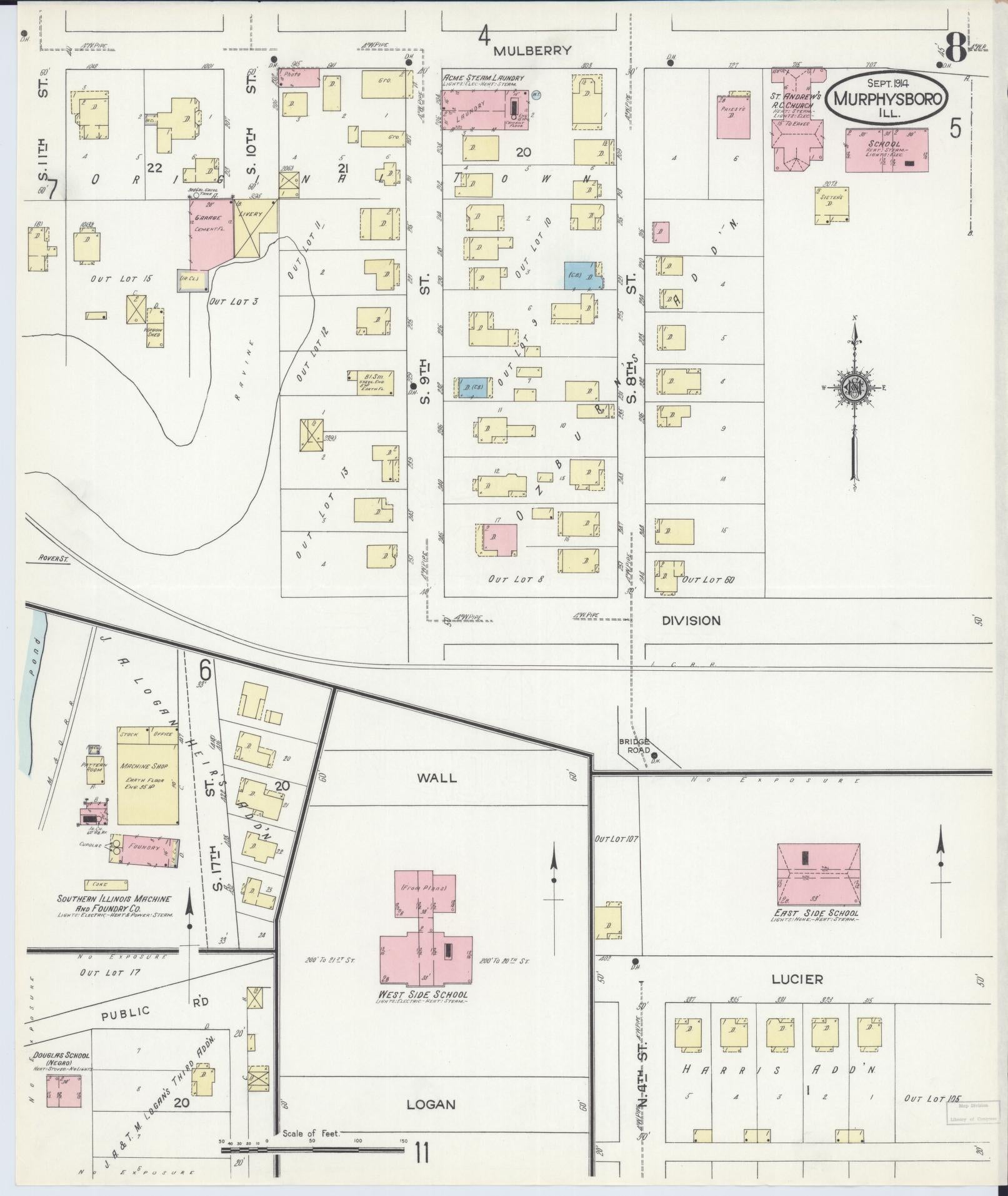 Sanborn Fire Insurance Map from Murphysboro, Jackson County, Illinois (1914), Sheet #0008 - Historic Sanborn Fire Insurance Map Print, vintage old map wall art, antique decor, genealogy gift, Illinois Illinois map
