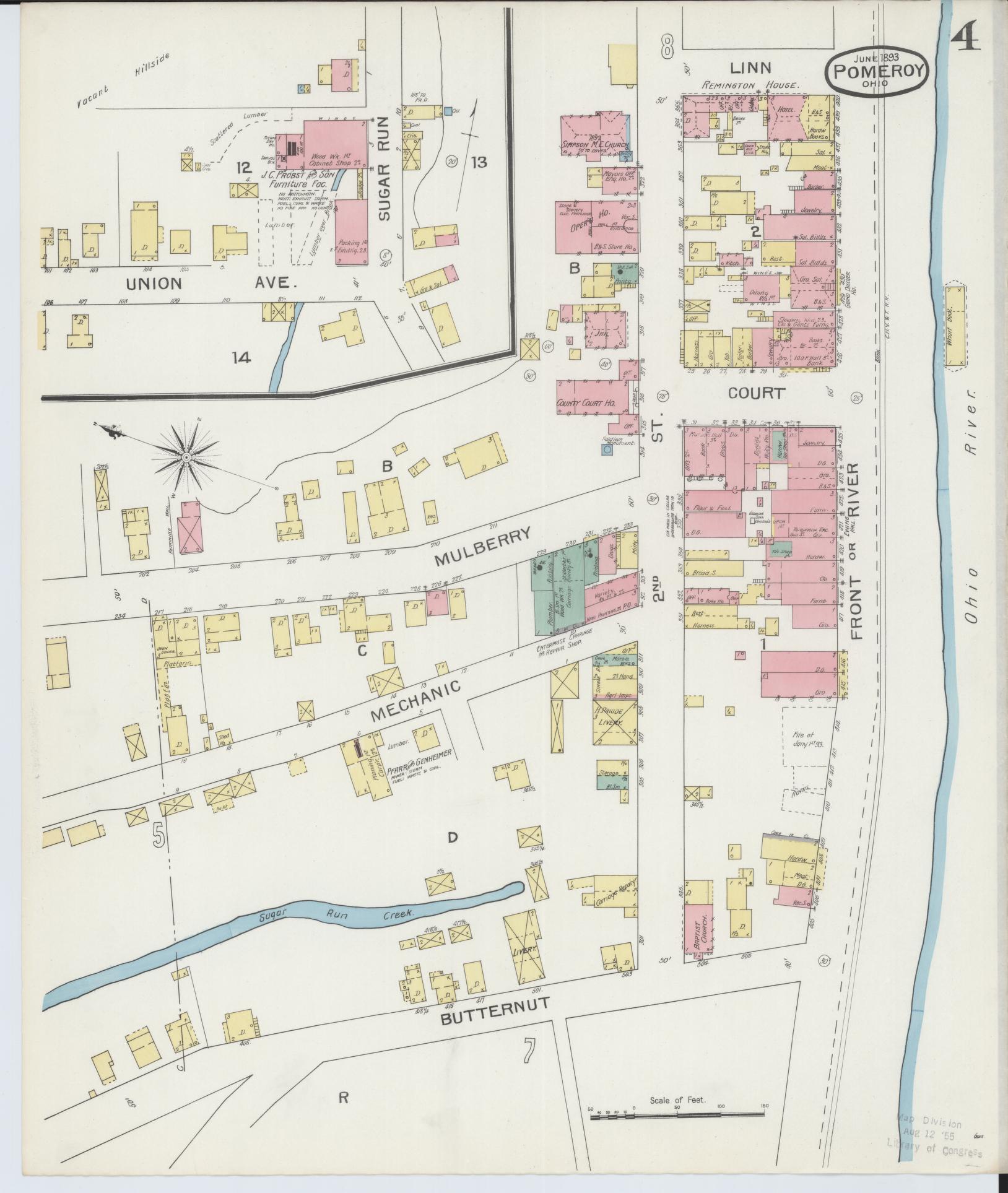 Sanborn Fire Insurance Map from Pomeroy, Meigs County, Ohio (1893), Sheet #0004 - Historic Sanborn Fire Insurance Map Print, vintage old map wall art, antique decor, genealogy gift, Ohio Ohio map