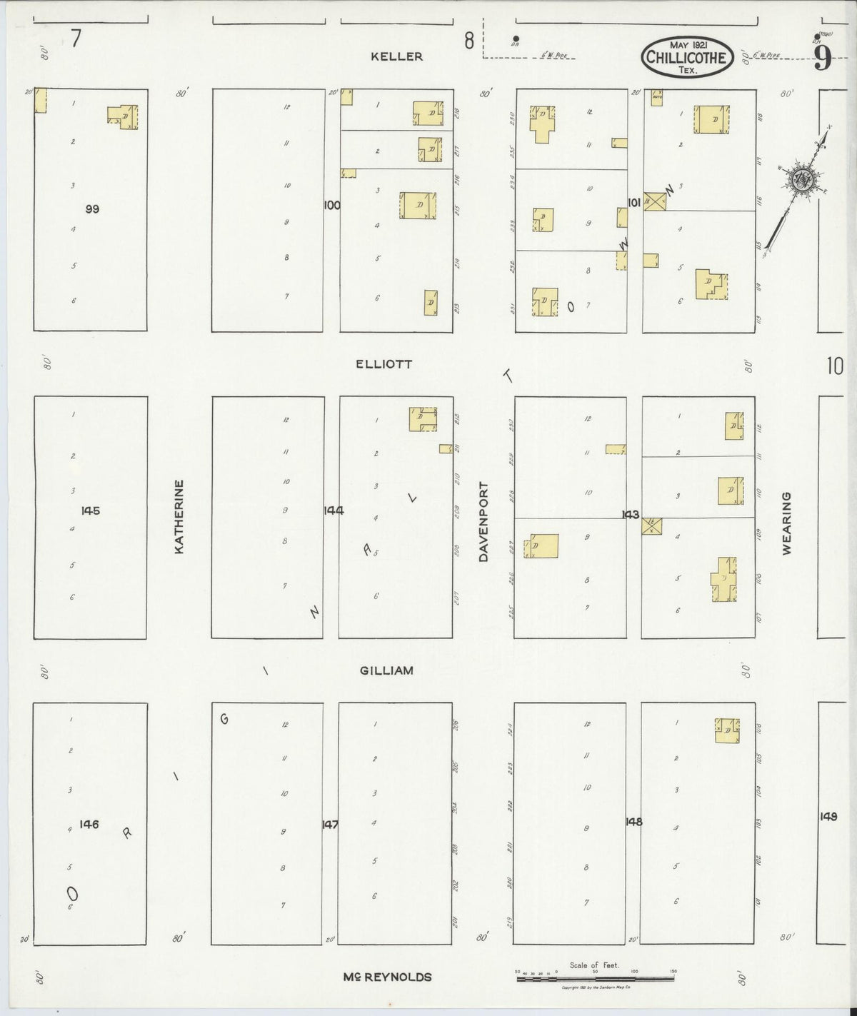 Sanborn Fire Insurance Map from Chillicothe, Hardeman County, Texas (1921), Sheet #0009 - Complete Map Set gallery image, historic Sanborn map, vintage wall art, Texas Texas