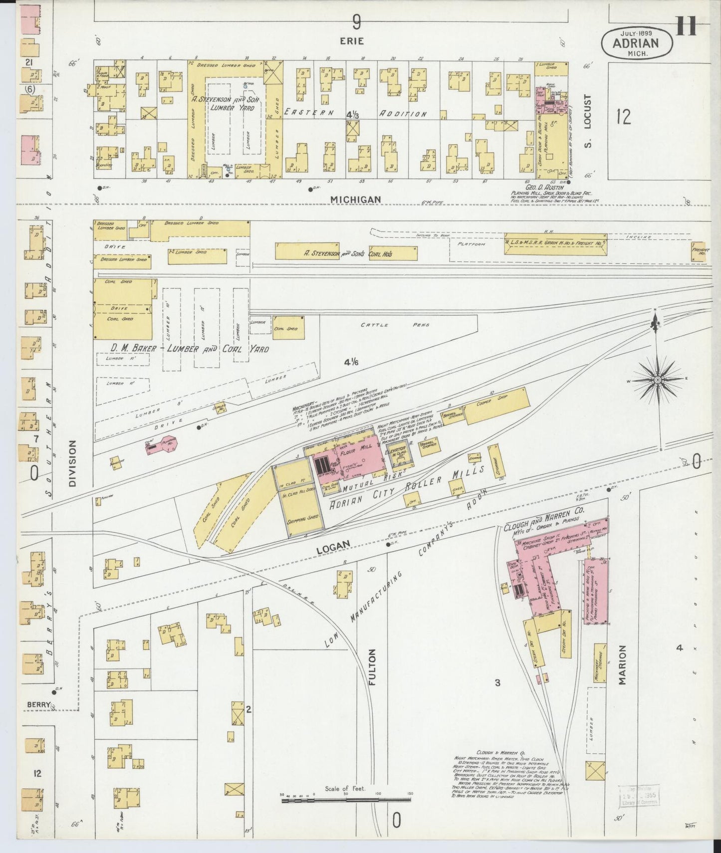 Sanborn Fire Insurance Map from Adrian, Lenawee County, Michigan (1899), Sheet #0011 - Complete Map Set gallery image, historic Sanborn map, vintage wall art, Michigan Michigan