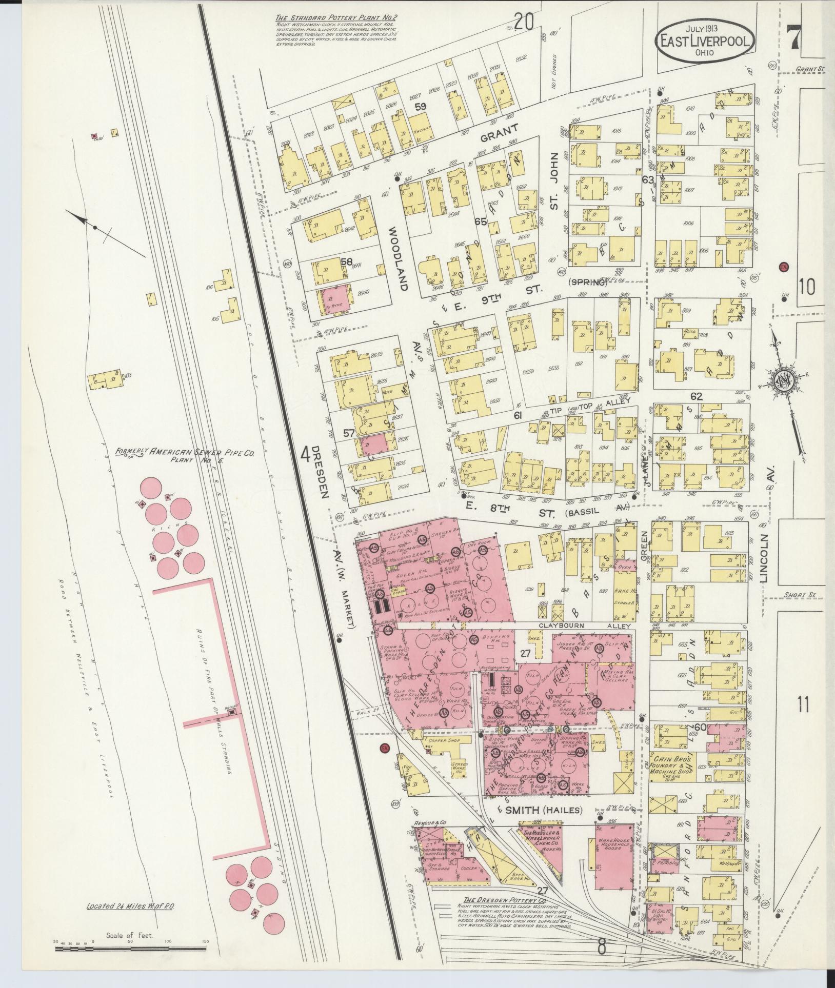 Sanborn Fire Insurance Map from East Liverpool, Columbiana County, Ohio (1913), Sheet #0007 - Historic Sanborn Fire Insurance Map Print, vintage old map wall art, antique decor, genealogy gift, Ohio Ohio map