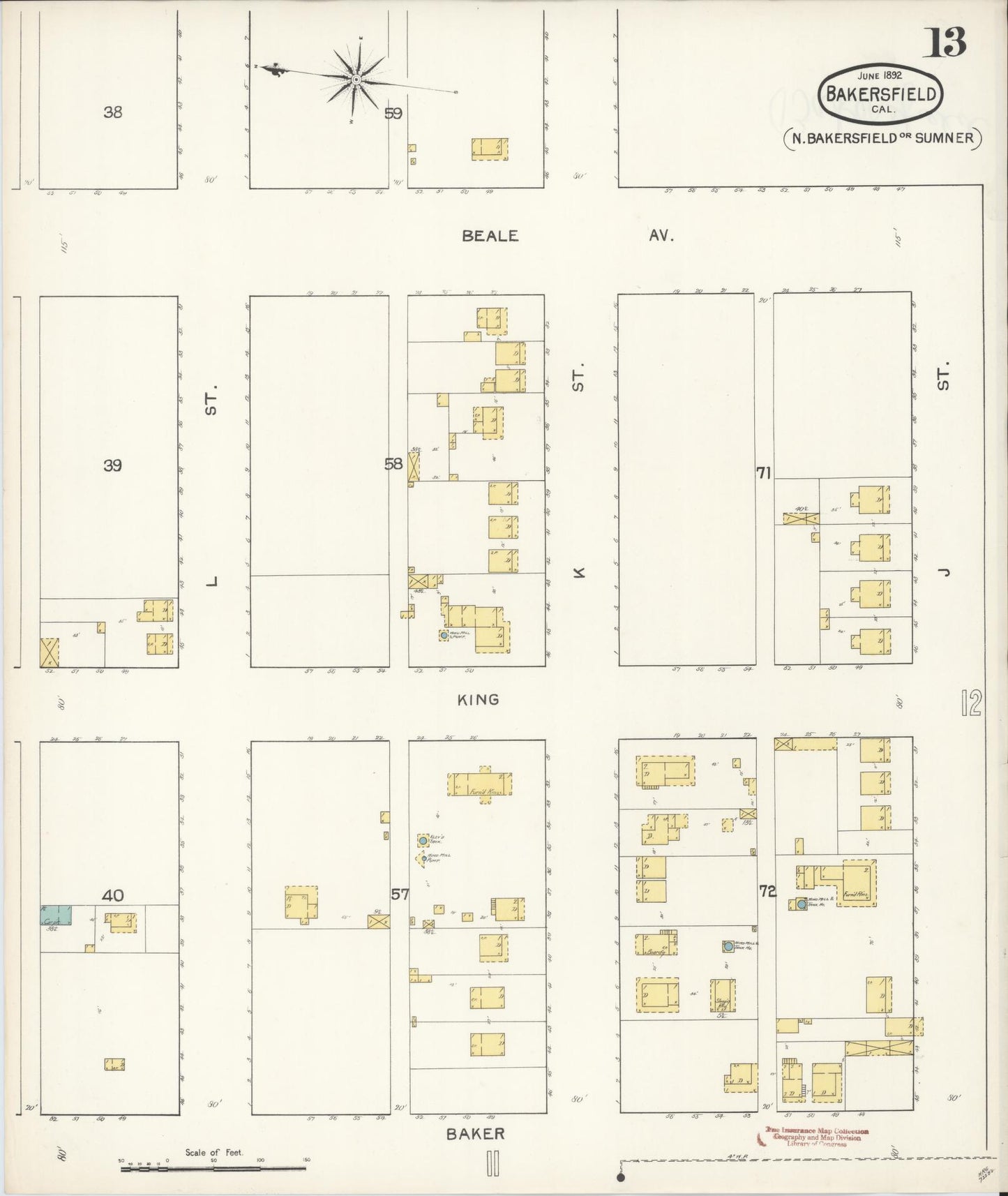 Sanborn Fire Insurance Map from Bakersfield, Kern County, California (1892), Sheet #0013 - Historic Sanborn Fire Insurance Map Print, vintage old map wall art, antique decor, genealogy gift, California California map
