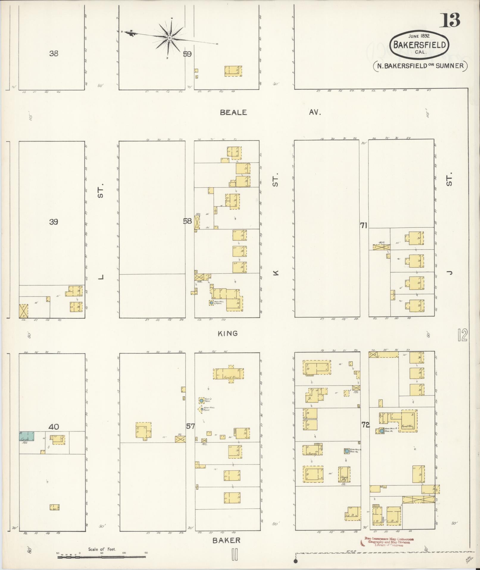 Sanborn Fire Insurance Map from Bakersfield, Kern County, California (1892), Sheet #0013 - Historic Sanborn Fire Insurance Map Print, vintage old map wall art, antique decor, genealogy gift, California California map