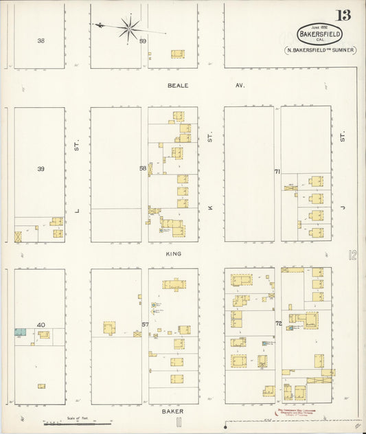 Sanborn Fire Insurance Map from Bakersfield, Kern County, California (1892), Sheet #0013 - Historic Sanborn Fire Insurance Map Print, vintage old map wall art, antique decor, genealogy gift, California California map