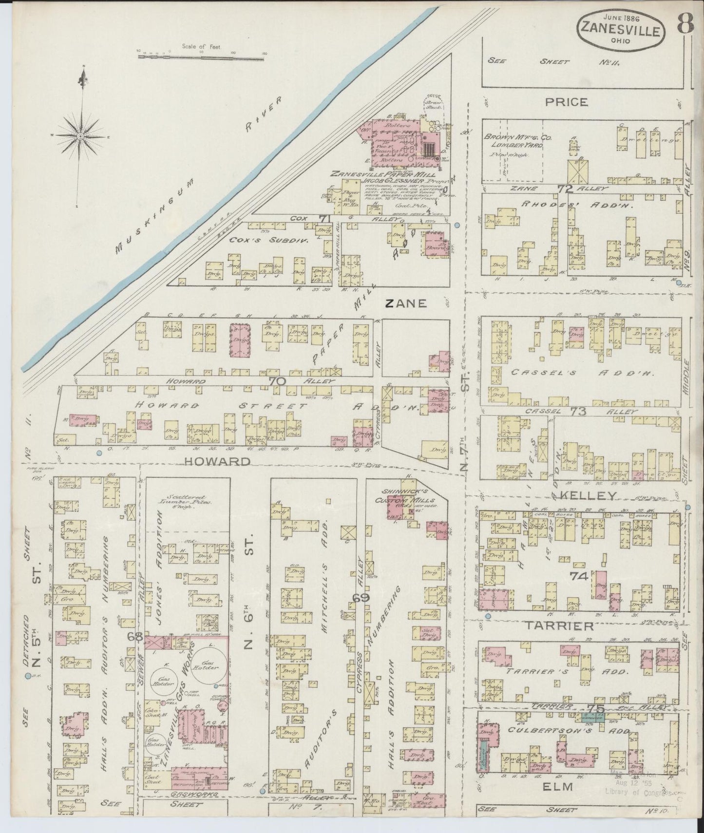 Sanborn Fire Insurance Map from Zanesville, Muskingum County, Ohio (1886), Sheet #0008 - Historic Sanborn Fire Insurance Map Print, vintage old map wall art, antique decor, genealogy gift, Ohio Ohio map
