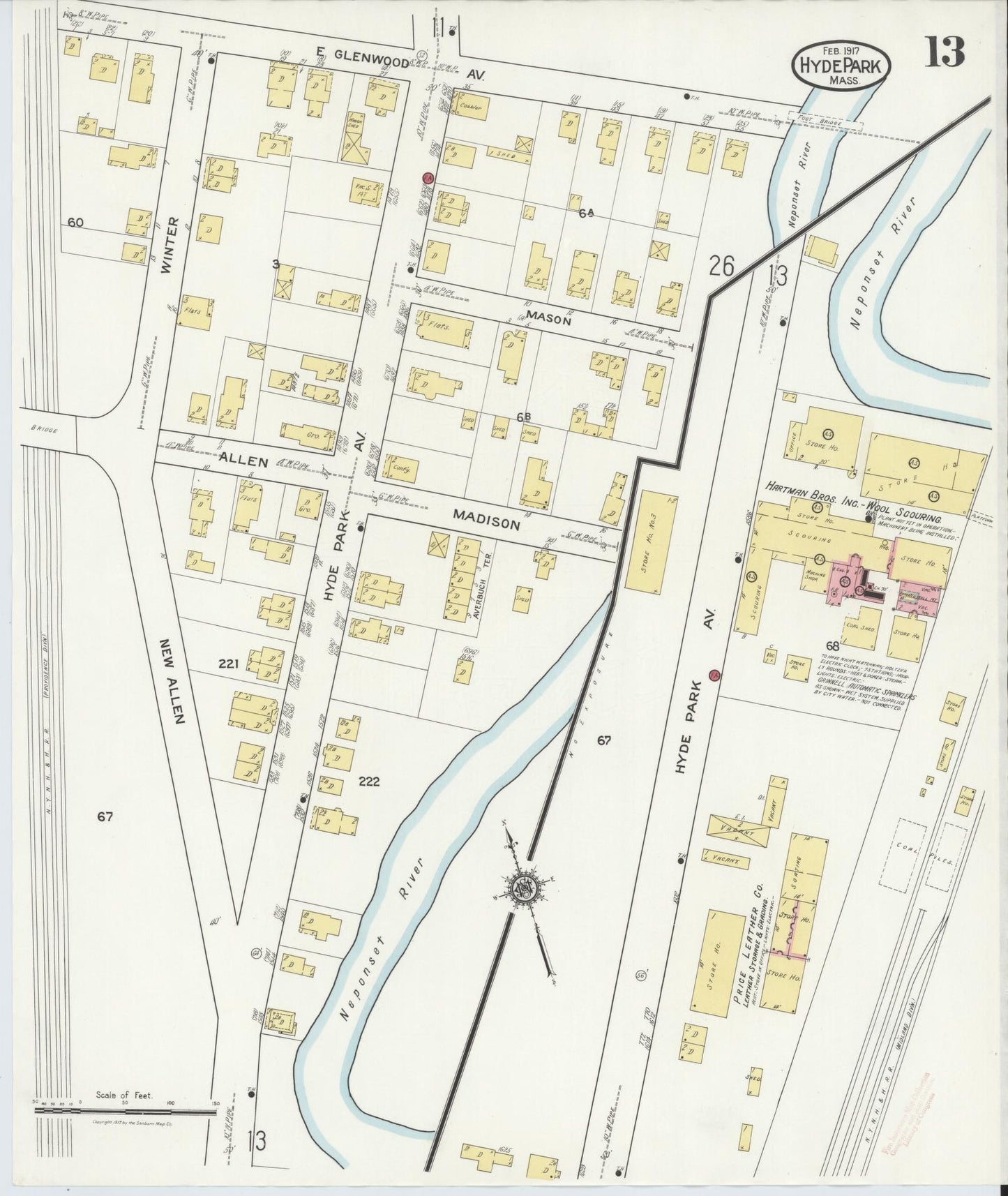 Sanborn Fire Insurance Map from Hyde Park, Norfolk County, Massachusetts (1917), Sheet #0013 - Historic Sanborn Fire Insurance Map Print, vintage old map wall art, antique decor, genealogy gift, Massachusetts Massachusetts map