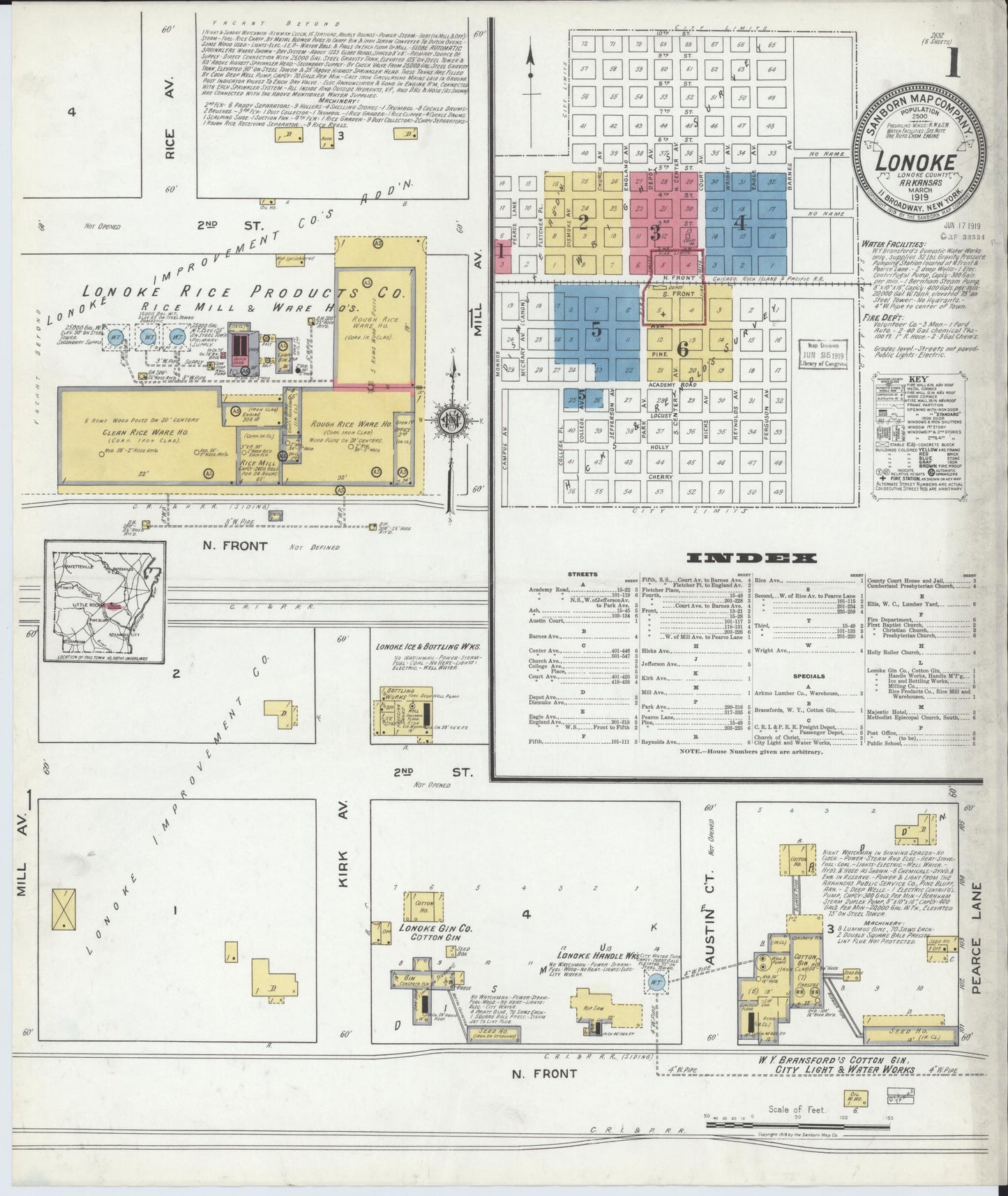 Sanborn Fire Insurance Map from Lonoke, Lonoke County, Arkansas (1919), Sheet #0001 - Historic Sanborn Fire Insurance Map Print, vintage old map wall art, antique decor, genealogy gift, Arkansas Arkansas map