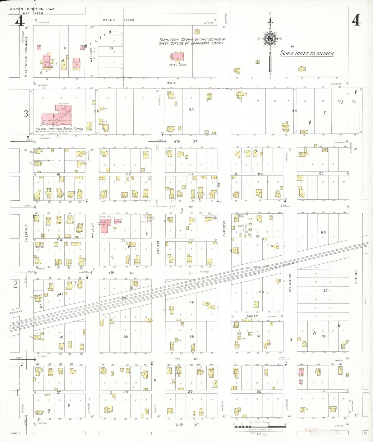 Sanborn Fire Insurance Map from Wilton Junction, Muscatine County, Iowa (1939), Sheet #0004 - Historic Sanborn Fire Insurance Map Print, vintage old map wall art