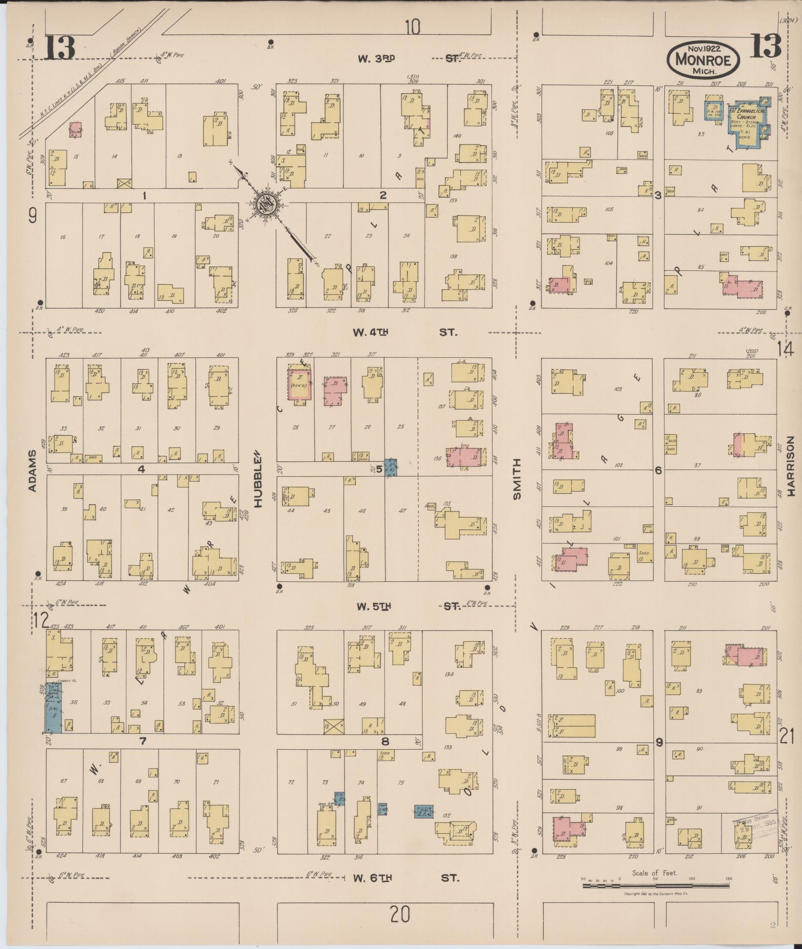 Sanborn Fire Insurance Map from Monroe, Monroe County, Michigan (1922), Sheet #0013 - Complete Map Set gallery image, historic Sanborn map, vintage wall art, Michigan Michigan