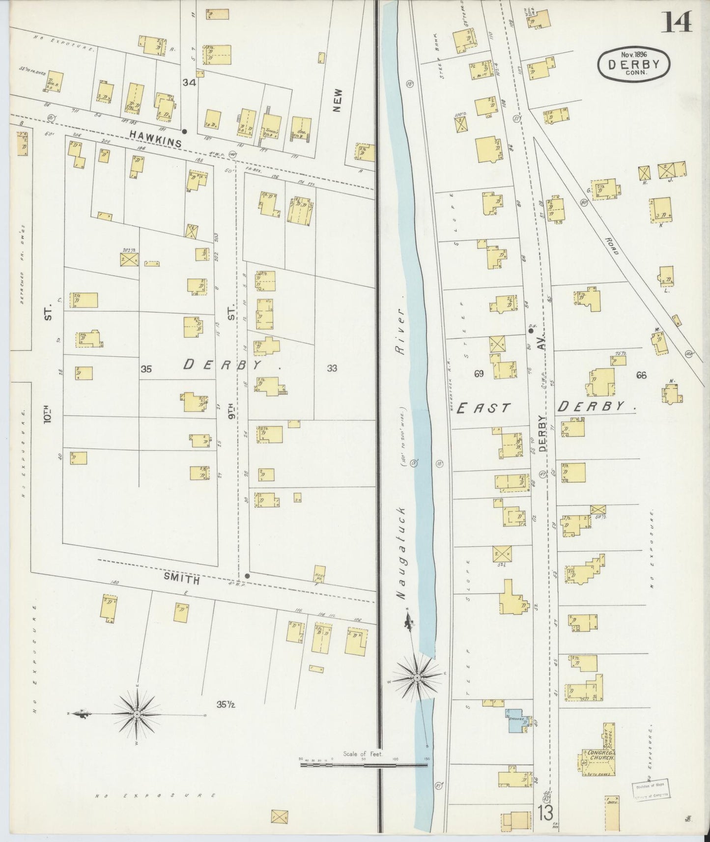 Sanborn Fire Insurance Map from Derby, New Haven County, Connecticut (1896), Sheet #0014 - Historic Sanborn Fire Insurance Map Print, vintage old map wall art, antique decor, genealogy gift, Connecticut Connecticut map