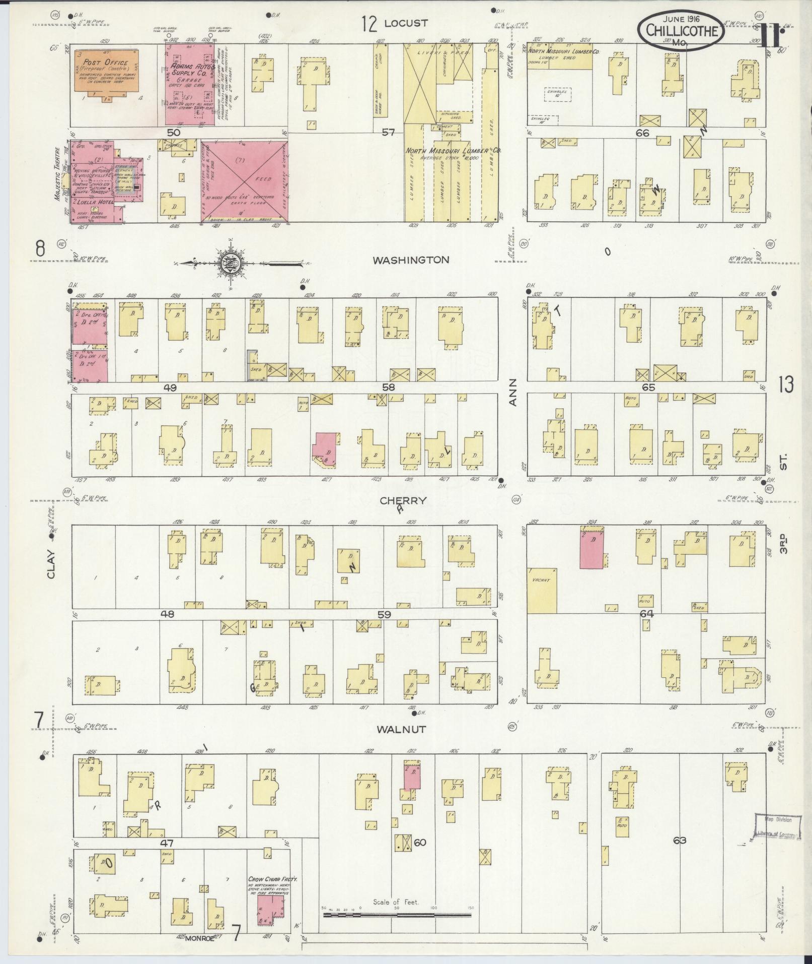 Sanborn Fire Insurance Map from Chillicothe, Livingston County, Missouri (1916), Sheet #0011 - Historic Sanborn Fire Insurance Map Print, vintage old map wall art, antique decor, genealogy gift, Missouri Missouri map